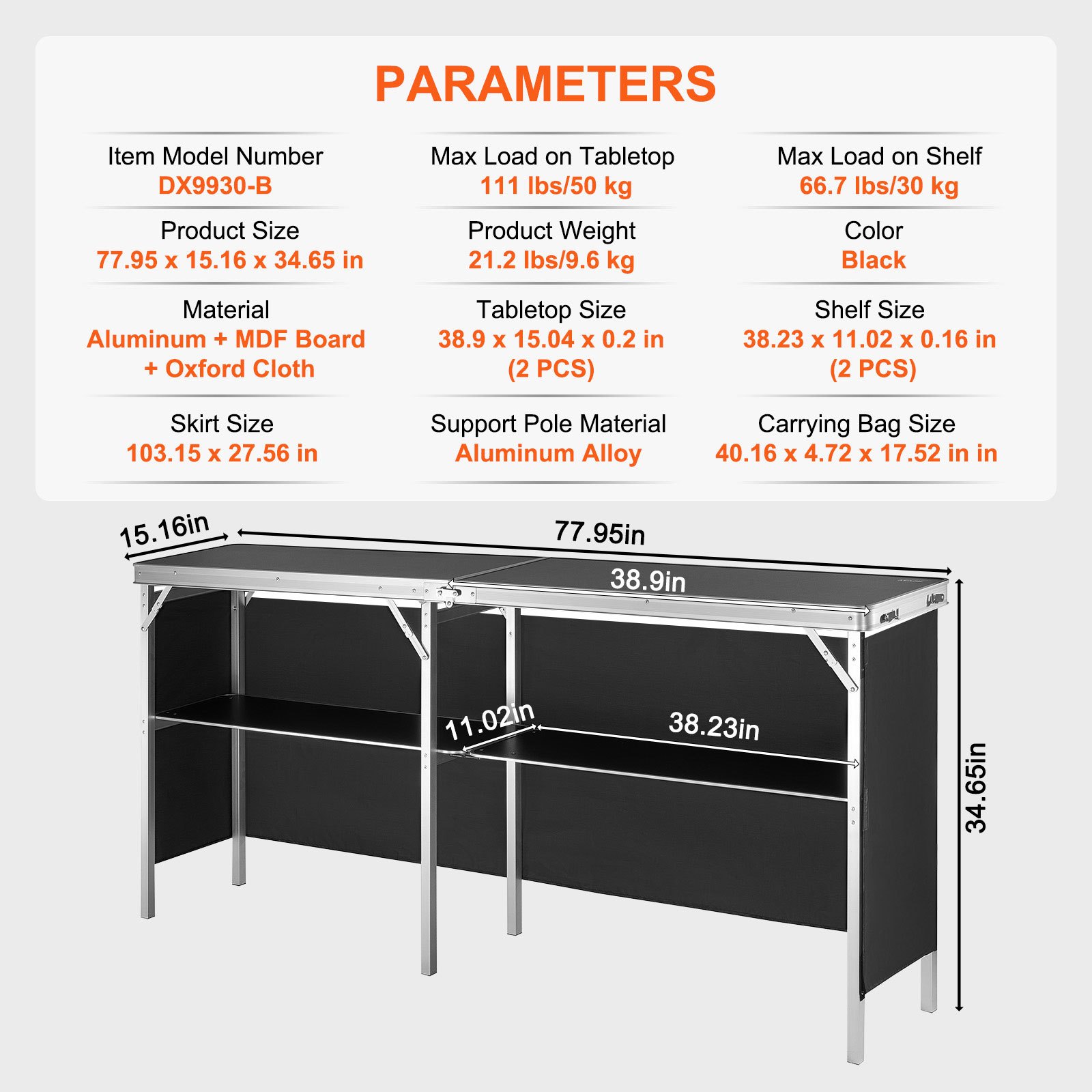 VEVOR Mostrador para stand de feria, mesa de bar plegable portátil extralarga de 195x38,5x88 cm con bolsa de transporte, estante de almacenamiento y falda negra para fiestas, pícnic, exposiciones