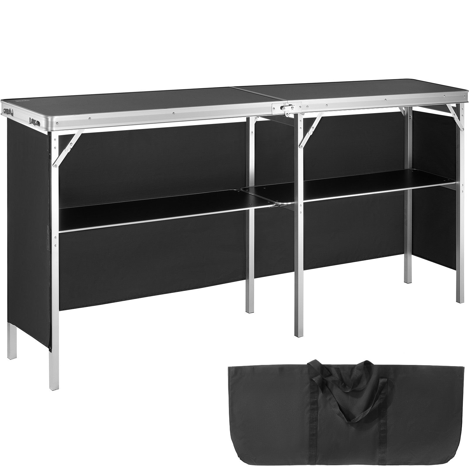 VEVOR Mostrador para stand de feria, mesa de bar plegable portátil extralarga de 195x38,5x88 cm con bolsa de transporte, estante de almacenamiento y falda negra para fiestas, pícnic, exposiciones
