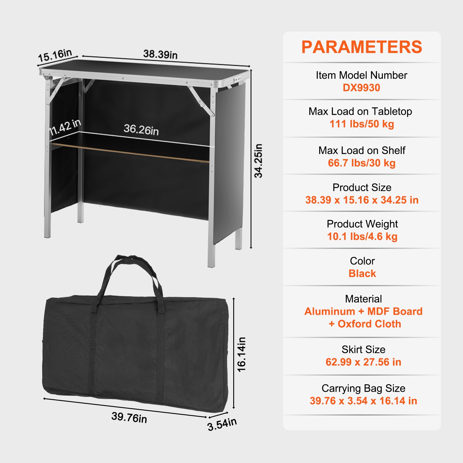 VEVOR Mostrador para stand de feria, mesa de bar plegable portátil de 97,5 x 38,5 x 87 cm de largo con bolsa de transporte, estante de almacenamiento y falda negra para fiestas, pícnic, exposiciones