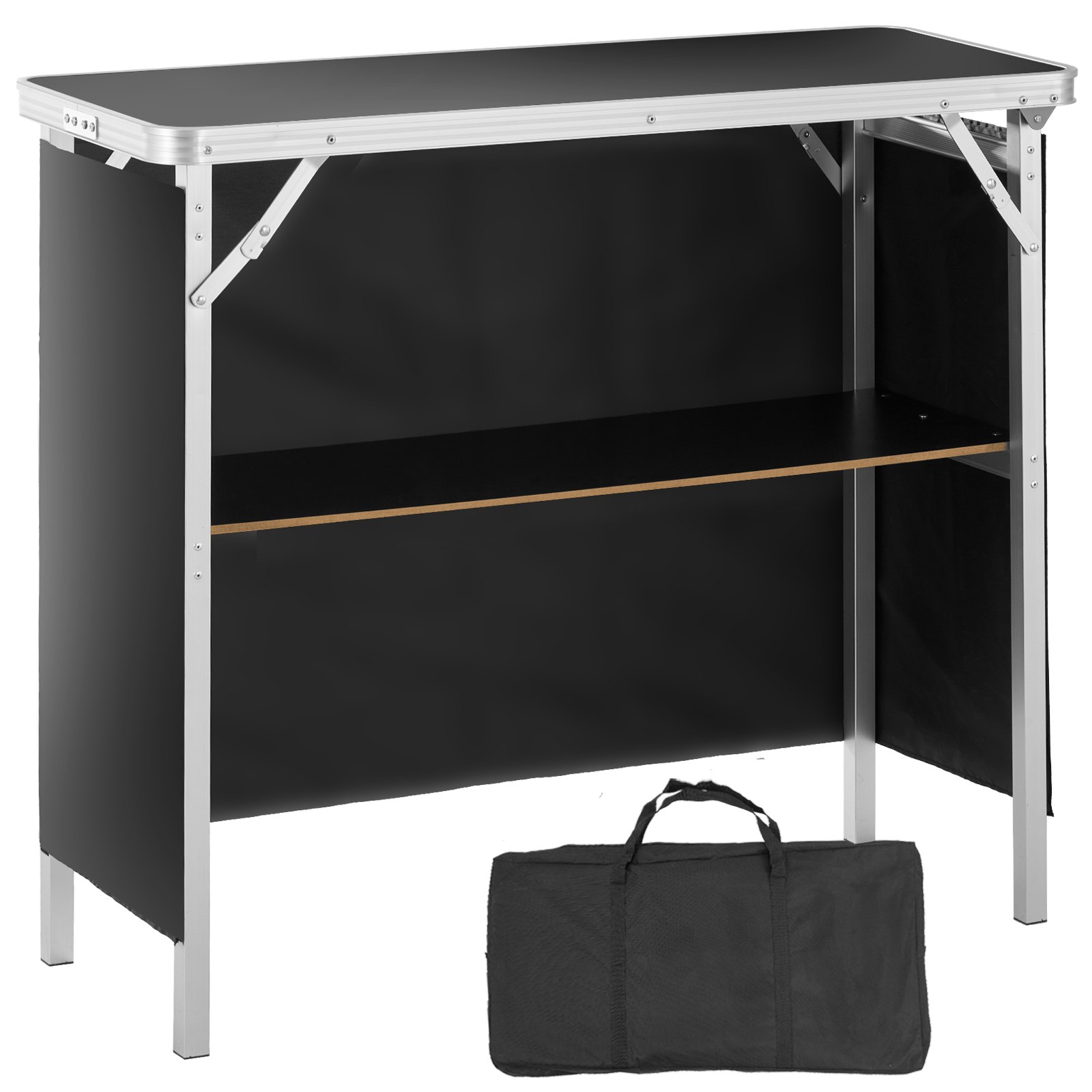 VEVOR Mostrador para stand de feria, mesa de bar plegable portátil de 97,5 x 38,5 x 87 cm de largo con bolsa de transporte, estante de almacenamiento y falda negra para fiestas, pícnic, exposiciones