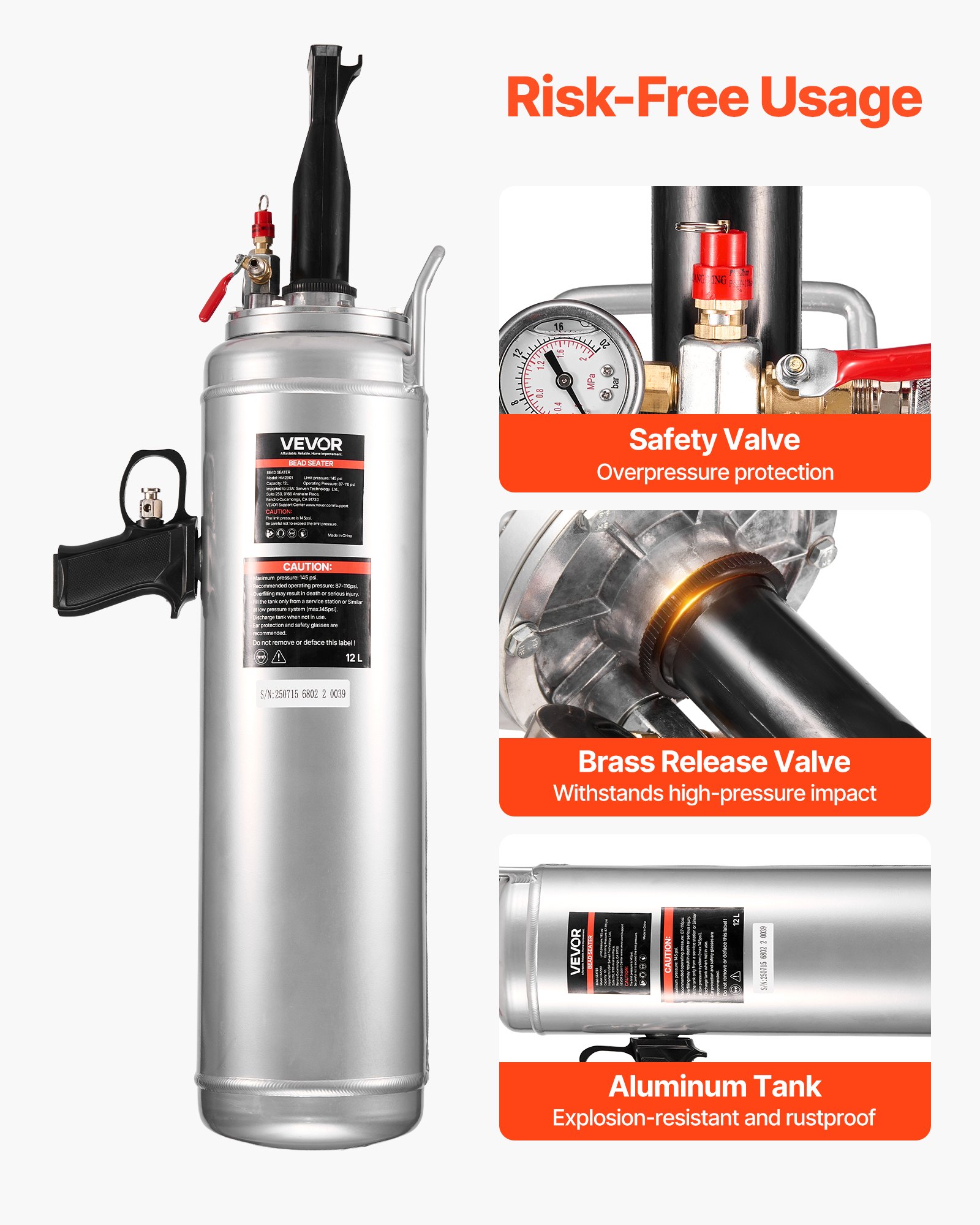 VEVOR Máquina de Granallado de Neumáticos, 12 L, Inflador de Neumáticos Portátil Mejorado, 0,6-0,8 MPa, para Coche, Bicicleta Eléctrica, Autocaravana, Todoterreno, Color Plata, 810 x 168 x 280 mm