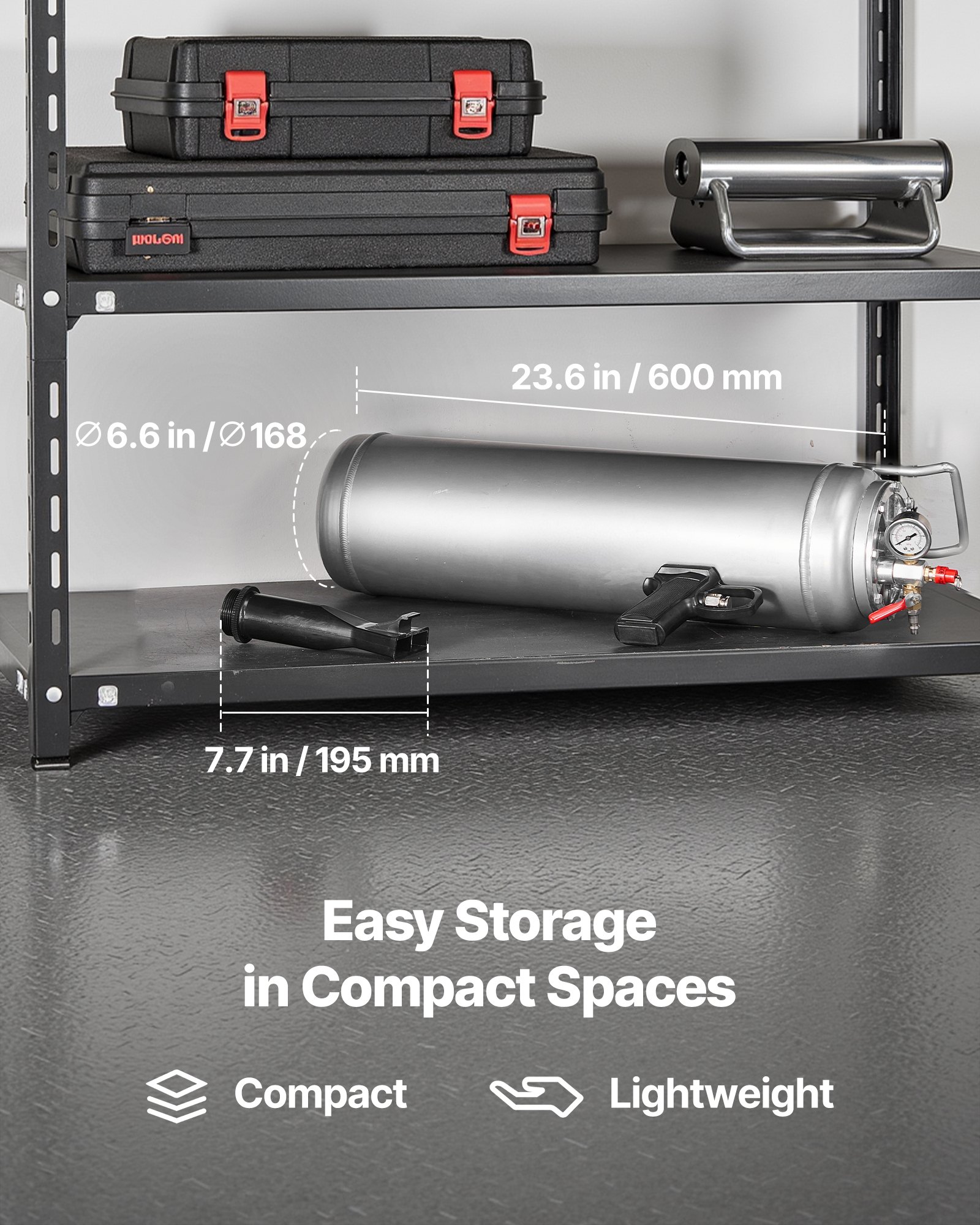 VEVOR Máquina de Granallado de Neumáticos, 12 L, Inflador de Neumáticos Portátil Mejorado, 0,6-0,8 MPa, para Coche, Bicicleta Eléctrica, Autocaravana, Todoterreno, Color Plata, 810 x 168 x 280 mm