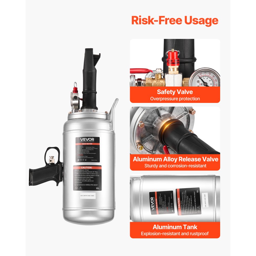 VEVOR Portable Tire Bead Seater, 1.6 Gal / 6 L Air Bead Blaster, Handheld Tire Inflator Tool, 87-116 PSI Operating Pressure, Trigger Seating Inflator for Car, Compact SUV, Light Truck, E-Bike, RV, ATV