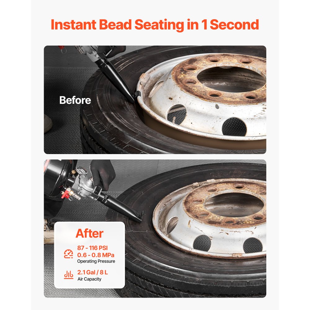 VEVOR Máquina de Granallado de Neumáticos, Capacidad 8 L, Inflador de Neumáticos Portátil Mejorado, 0,6-0,8 MPa, para Coche, Bicicleta Eléctrica, Autocaravana, ATV, Negro, 775 x 160 x 200 mm