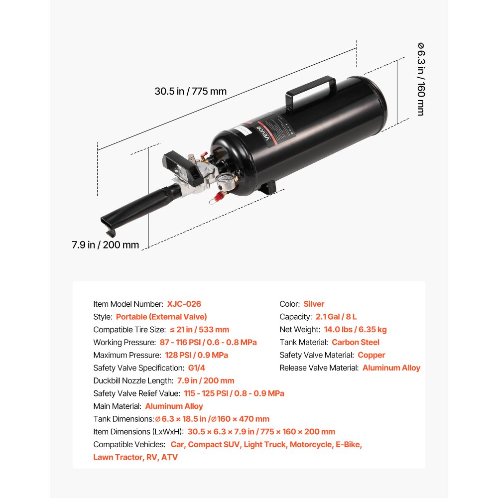 VEVOR Máquina de Granallado de Neumáticos, Capacidad 8 L, Inflador de Neumáticos Portátil Mejorado, 0,6-0,8 MPa, para Coche, Bicicleta Eléctrica, Autocaravana, ATV, Negro, 775 x 160 x 200 mm
