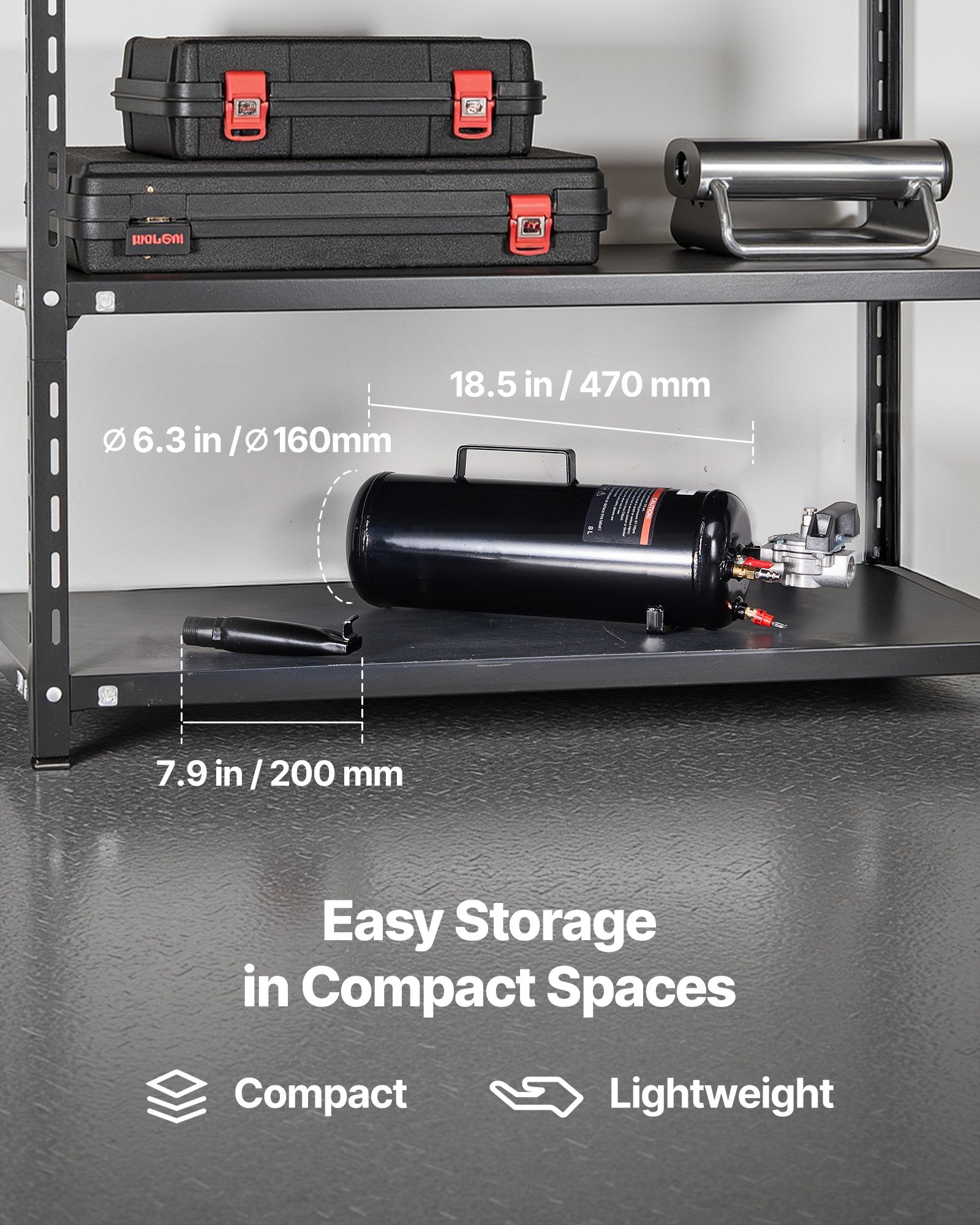 VEVOR Máquina de Granallado de Neumáticos, Capacidad 8 L, Inflador de Neumáticos Portátil Mejorado, 0,6-0,8 MPa, para Coche, Bicicleta Eléctrica, Autocaravana, ATV, Negro, 775 x 160 x 200 mm