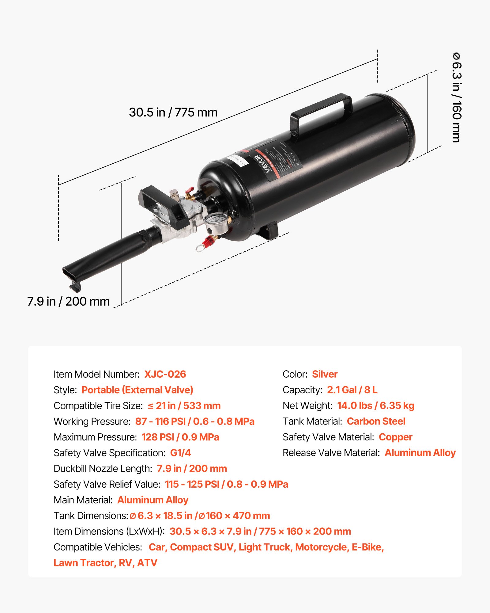 VEVOR Máquina de Granallado de Neumáticos, Capacidad 8 L, Inflador de Neumáticos Portátil Mejorado, 0,6-0,8 MPa, para Coche, Bicicleta Eléctrica, Autocaravana, ATV, Negro, 775 x 160 x 200 mm