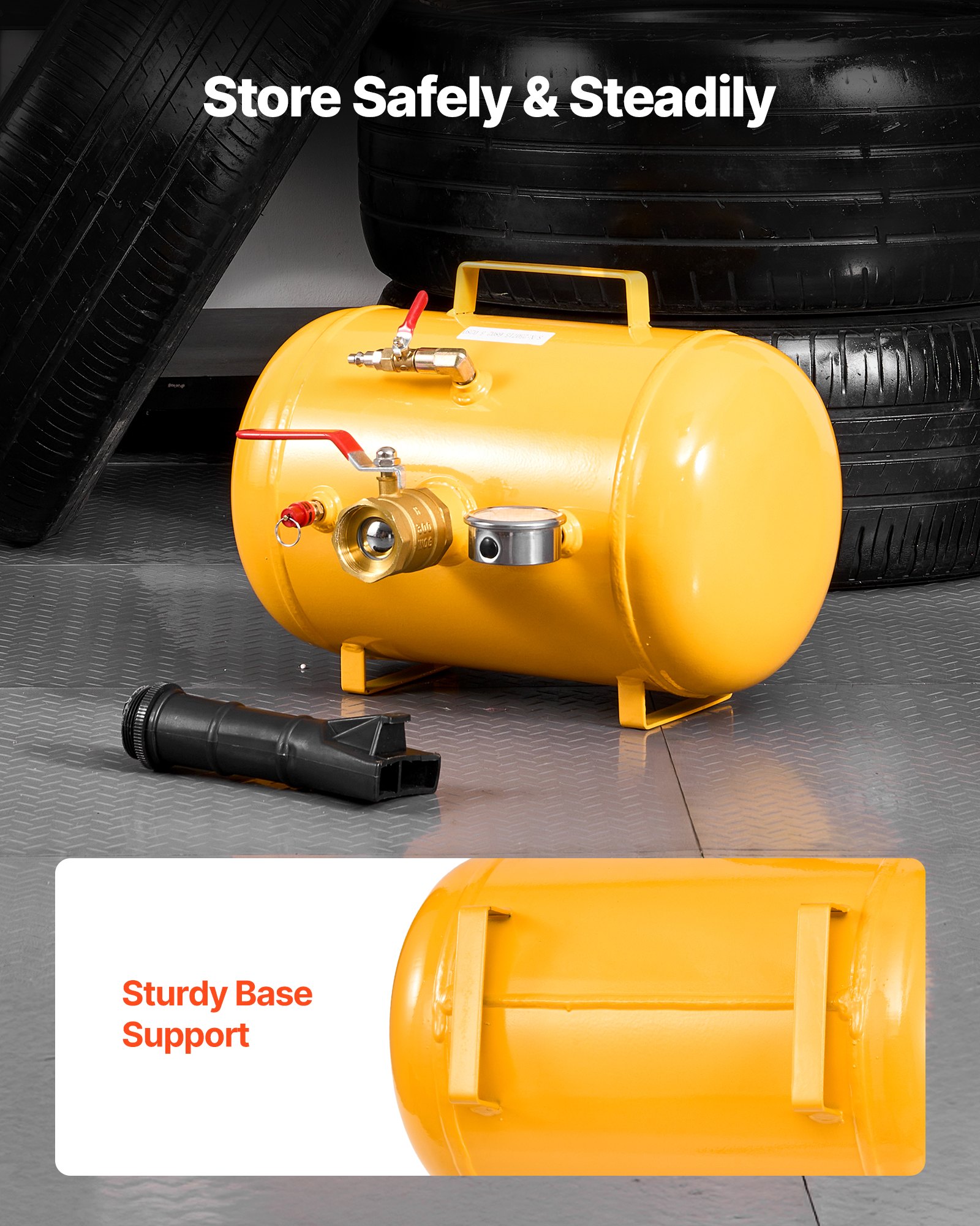 VEVOR Destalonador de Neumáticos de 18,9 L, Presión de Trabajo de 0,6-0,8 MPa, Bomba de Aire para Camionetas, Todoterrenos, Jeeps, Furgonetas y Tractores Cortacésped, Amarillo, 400 x 535 x 295 mm