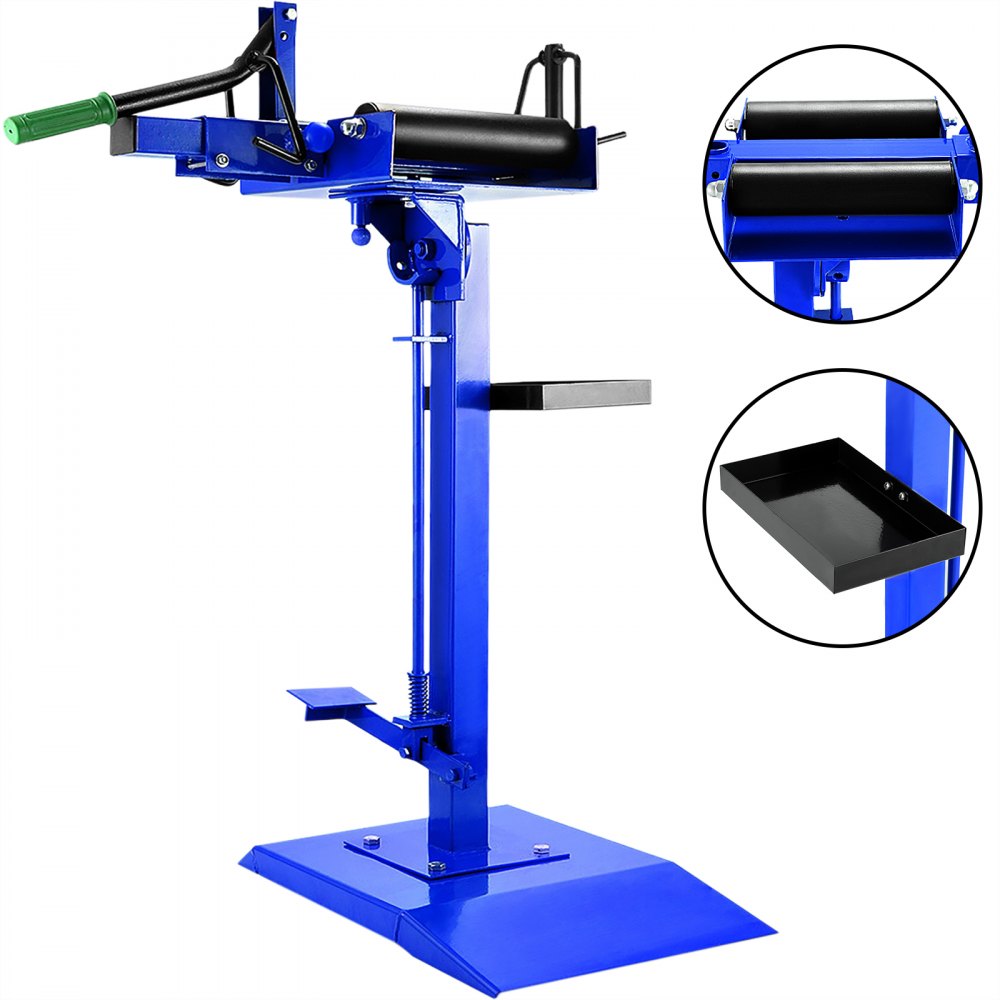 Esparcidor de neumáticos VEVOR con mango ajustable, dos rodillos y una bandeja lateral para herramientas.