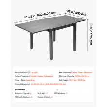 VEVOR Mesa de Terraza Extensible, Fabricada en Acero al Carbono y Aluminio, para Exterior, Terraza, Jardín, Porche, Impermeable, Capacidad de Carga 68 kg, Color Gris Oscuro, 80–160 x 80 x 75 cm