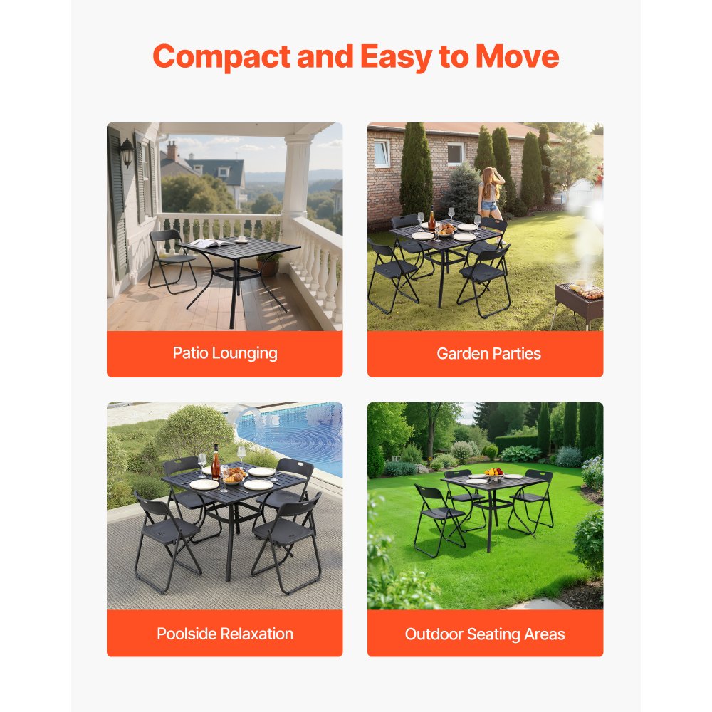 VEVOR Mesa de Patio para Jardín y Balcón, Cuadrada, de Acero al Carbono, para Exterior, Patio, Jardín, Terraza, Impermeable, con Orificio para Sombrilla, Carga 68 kg, Negro, 940 x 940 x 735 mm