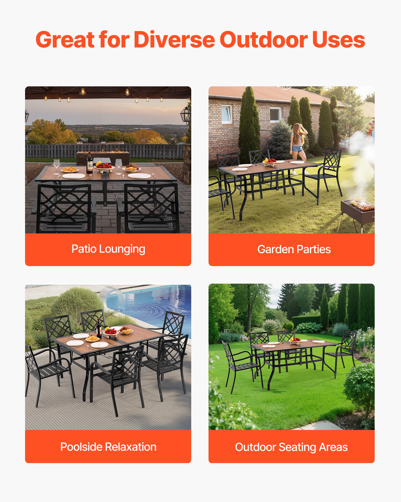 VEVOR Mesa de Patio para Jardín y Balcón, 1505 x 960 x 725 mm, en Acero al Carbono y Placa DPC, para 4 a 6 Personas, Resistente al Agua, con Orificio para Sombrilla de 35 mm y Carga de 68,04 kg