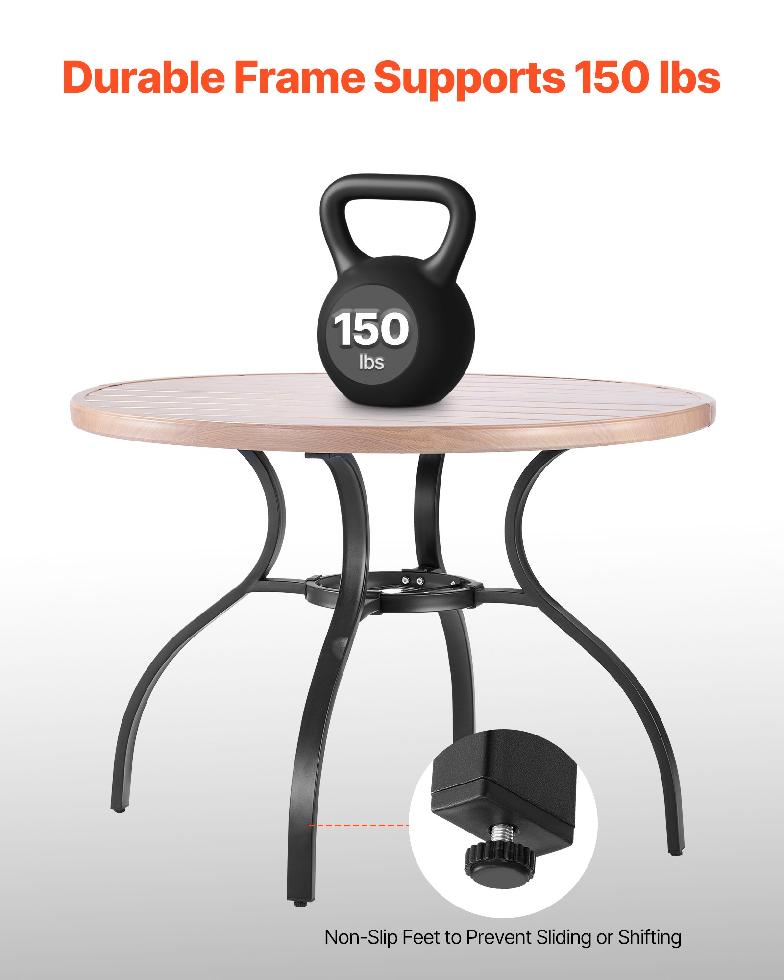 VEVOR Outdoor Patio Dining Table, 103cm Round Wood-Like Steel Slat Backyard Bistro Coffee Tables for 4, with 38mm Umbrella Hole, Outside All-Weather Large Furniture for Lawn Garden Porch, Gray