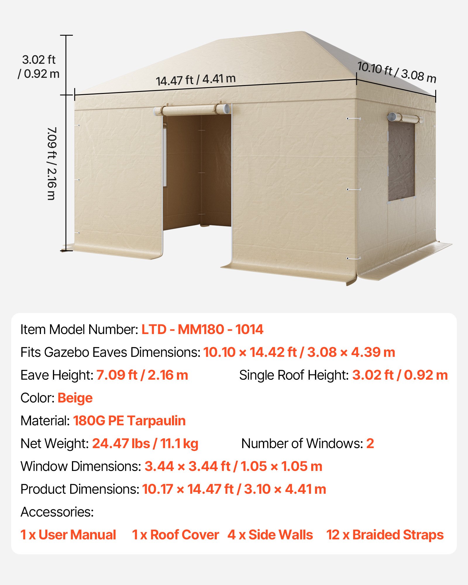 VEVOR Cubierta para Cenador de Invierno, 3,1 x 4,41 m, Cubierta de Cenador Resistente a la Intemperie con Paredes Laterales y Ventanas de Malla, Material de Polietileno, No Incluye Cenadores