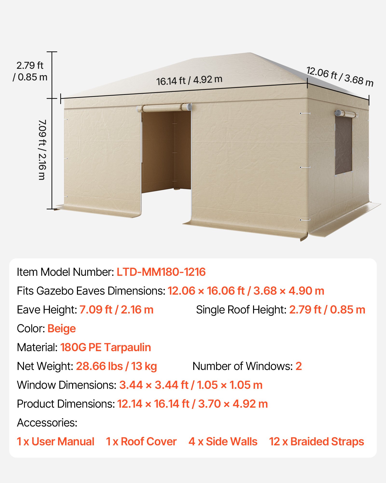 VEVOR Cubierta para Cenador de Invierno, 3,70 x 4,92 m, Cubierta de Cenador Resistente a la Intemperie con Paredes Laterales y Ventanas de Malla, Material de Polietileno, No Incluye Cenadores