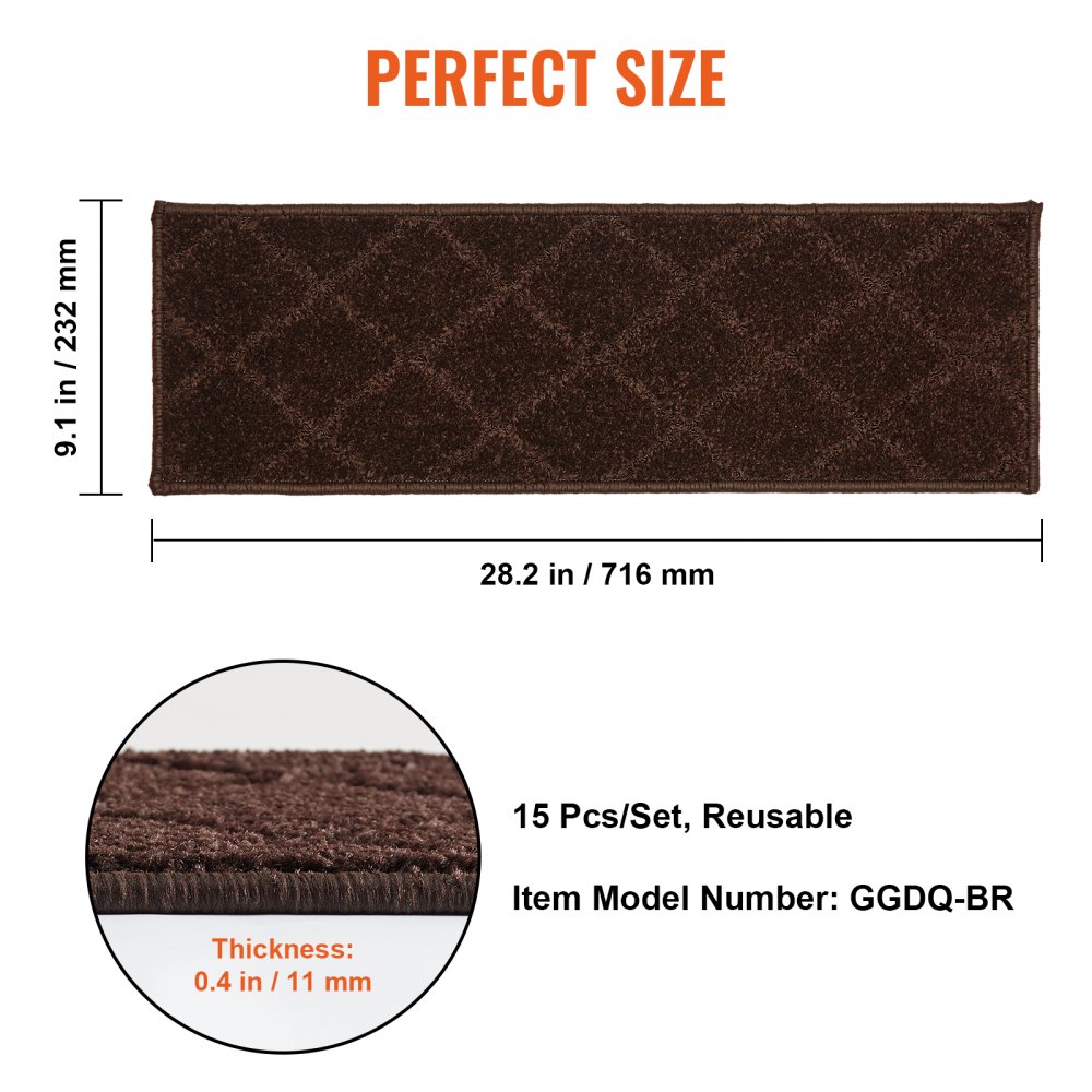 VEVOR Alfombras de Escalera Antideslizantes 71,6x23,2 cm 15 PCS Alfombras de Escalera Lavables a Máquina Grosor de 11 mm Alfombras de Seguridad Insonorizadas para Niños Mayores Perros Interior, Marrón