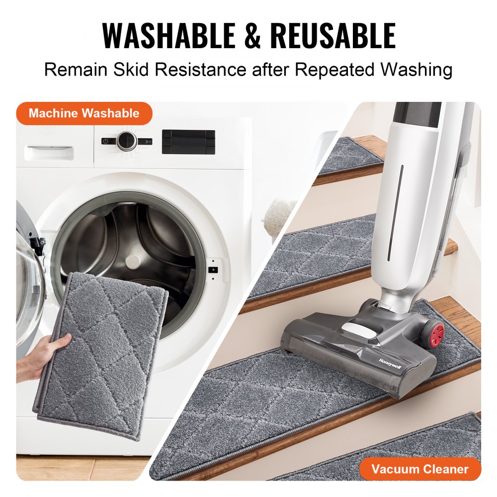 VEVOR Alfombras de Escalera Antideslizantes 71,6x23,2 cm 15 Piezas Alfombras de Escalera Lavables a Máquina Grosor de 11mm Alfombras de Seguridad Insonorizadas para Niños Mayores Perros Interior, Gris