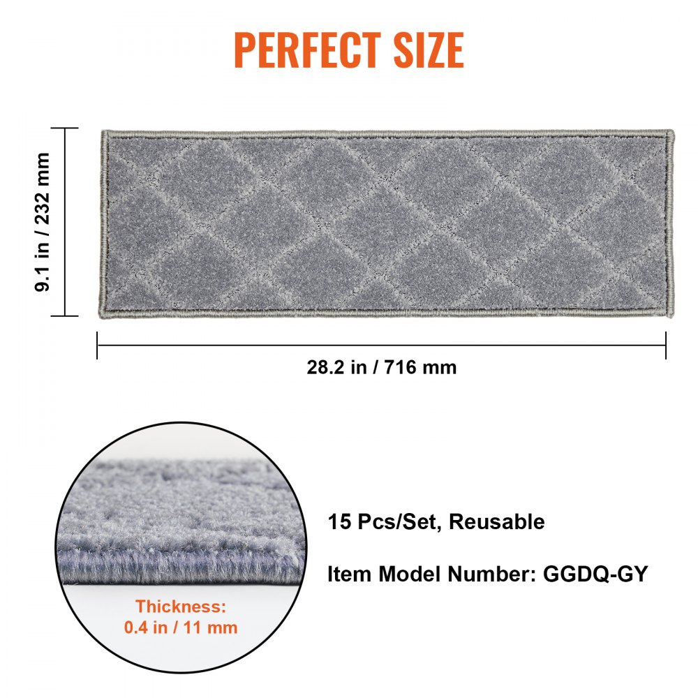 VEVOR Alfombras de Escalera Antideslizantes 71,6x23,2 cm 15 Piezas Alfombras de Escalera Lavables a Máquina Grosor de 11mm Alfombras de Seguridad Insonorizadas para Niños Mayores Perros Interior, Gris
