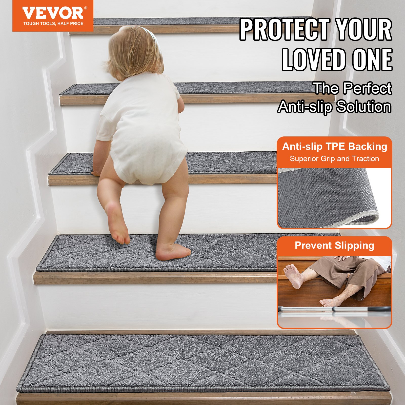 VEVOR Alfombras de Escalera Antideslizantes 71,6x23,2 cm 15 Piezas Alfombras de Escalera Lavables a Máquina Grosor de 11mm Alfombras de Seguridad Insonorizadas para Niños Mayores Perros Interior, Gris