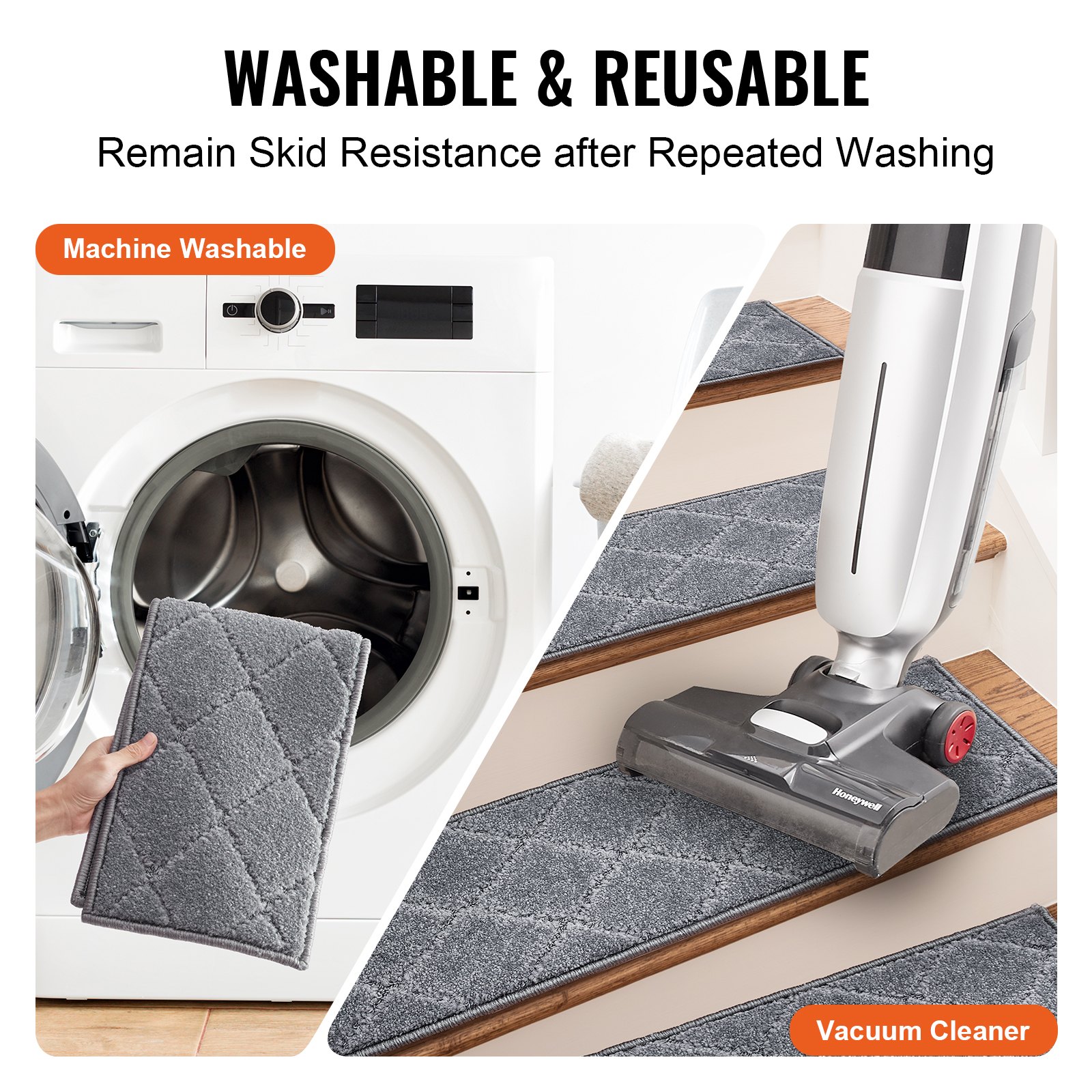 VEVOR Alfombras de Escalera Antideslizantes 71,6x23,2 cm 15 Piezas Alfombras de Escalera Lavables a Máquina Grosor de 11mm Alfombras de Seguridad Insonorizadas para Niños Mayores Perros Interior, Gris