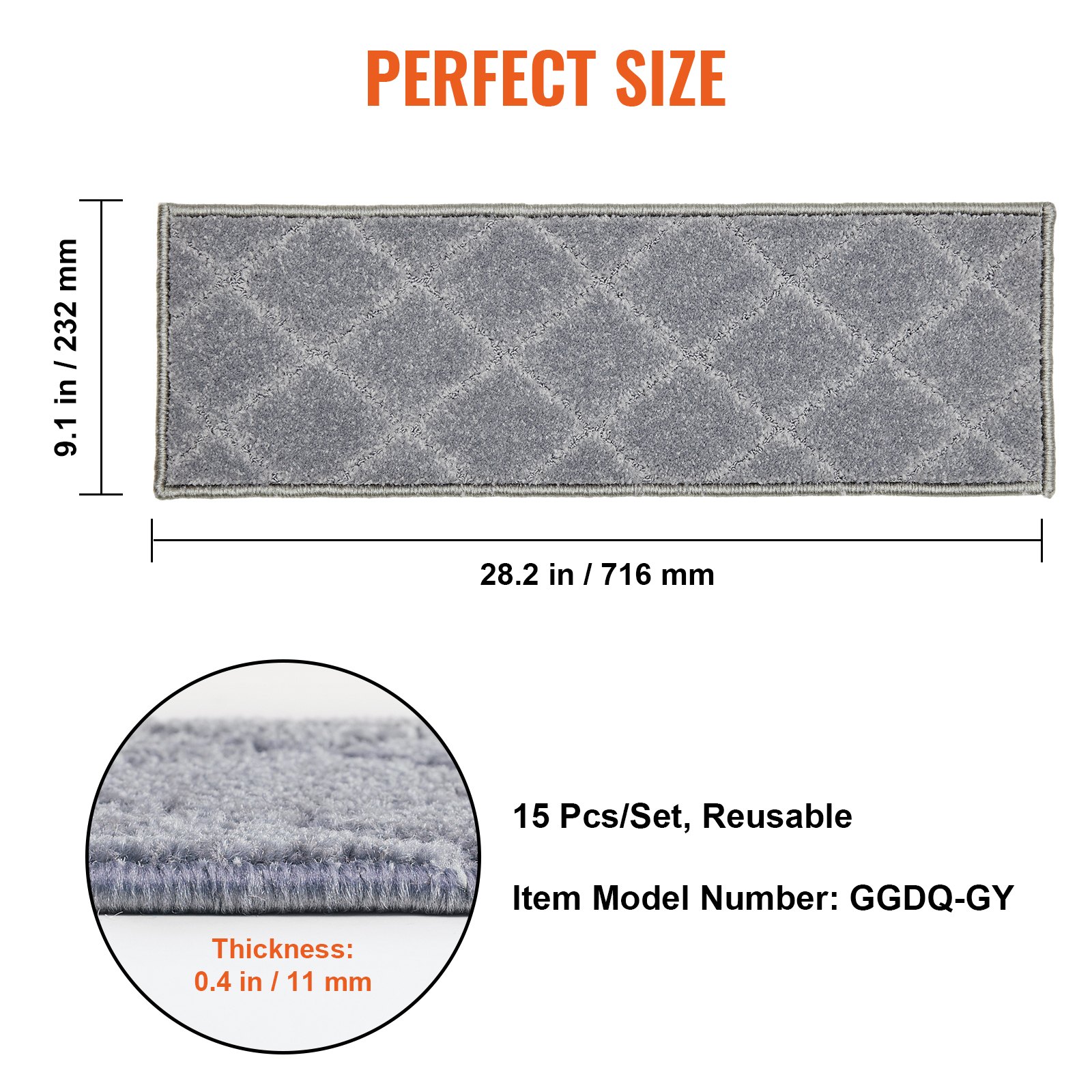 VEVOR Alfombras de Escalera Antideslizantes 71,6x23,2 cm 15 Piezas Alfombras de Escalera Lavables a Máquina Grosor de 11mm Alfombras de Seguridad Insonorizadas para Niños Mayores Perros Interior, Gris