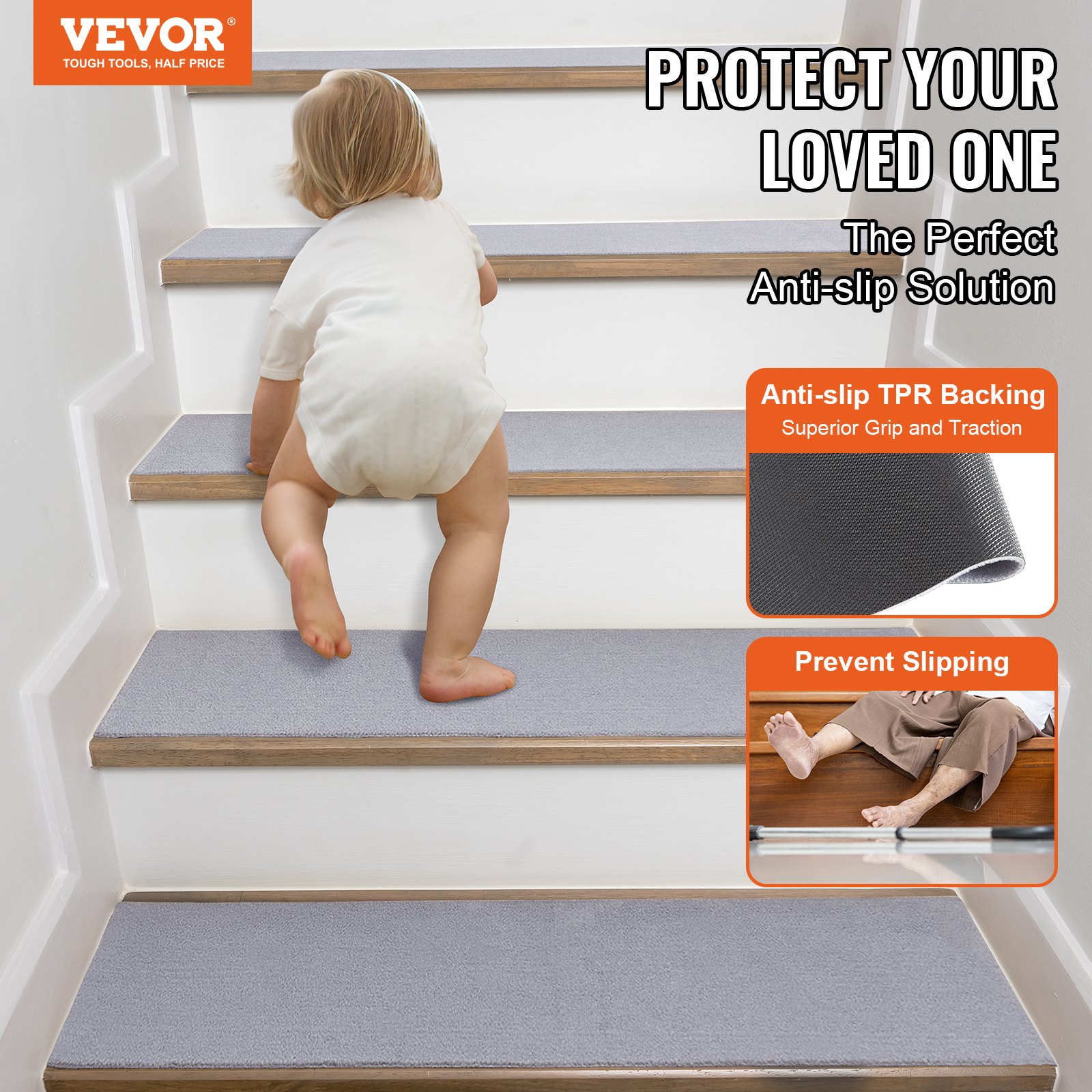 VEVOR Alfombras de Escalera Antideslizantes 76x20,3 cm 15 Piezas Alfombras de Escalera Lavables a Máquina Alfombras de Seguridad Insonorizadas para Niños Mayores Perros Interior, Gris