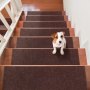 Escalera de madera marrón con peldaños VEVOR, barandilla blanca y un pequeño perro sentado.