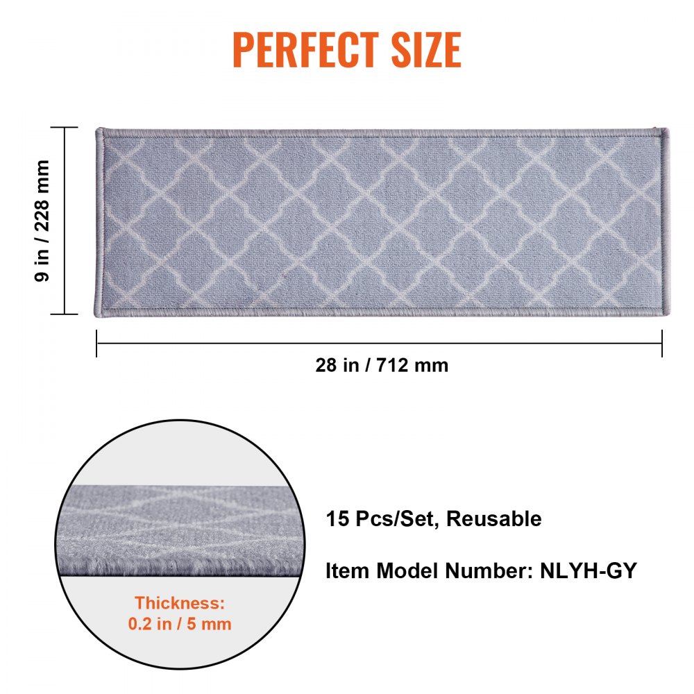 VEVOR Alfombras de Escalera Antideslizantes 71,2x22,8 cm 15 Piezas Alfombras de Escalera Lavables a Máquina Grosor de 11 mm Alfombras de Seguridad Insonorizadas para Niños Mayores Perros, Gris Claro