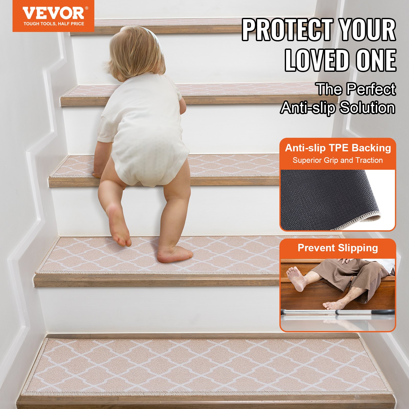 VEVOR Alfombras de Escalera Antideslizantes 71,2x22,8 cm 15 Piezas Alfombras de Escalera Lavables a Máquina Grosor de 11 mm Alfombras de Seguridad Insonorizadas para Niños Mayores Perros, Marrón Claro