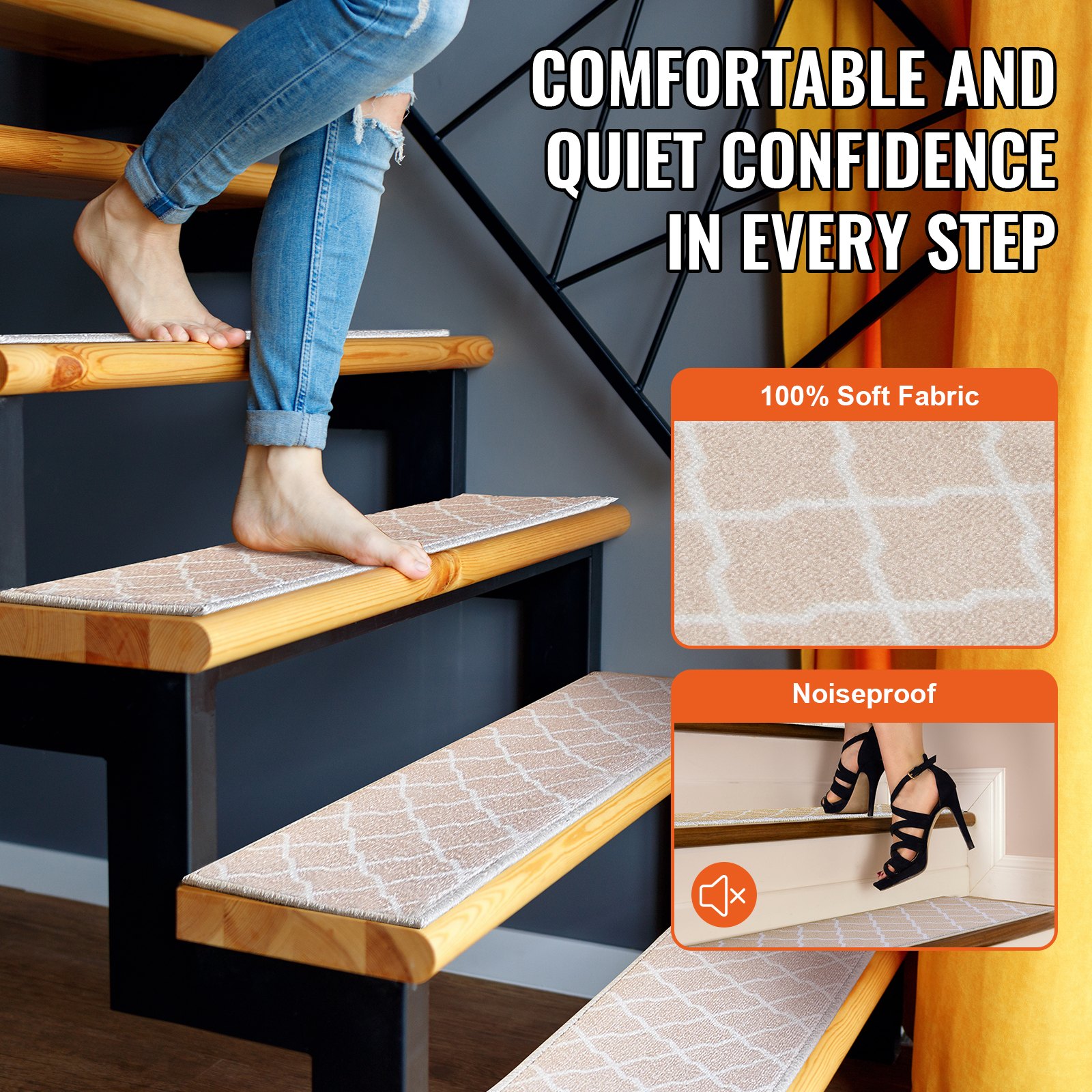 VEVOR Alfombras de Escalera Antideslizantes 71,2x22,8 cm 15 Piezas Alfombras de Escalera Lavables a Máquina Grosor de 11 mm Alfombras de Seguridad Insonorizadas para Niños Mayores Perros, Marrón Claro