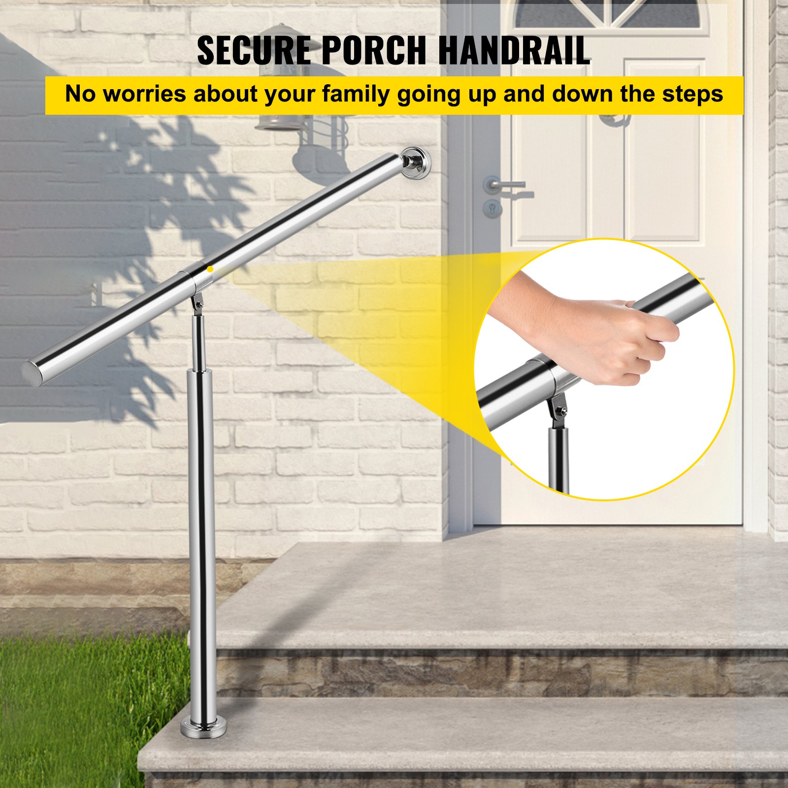 Pasamanos de escalera de acero inoxidable VEVOR en escalones de porche con características de seguridad.