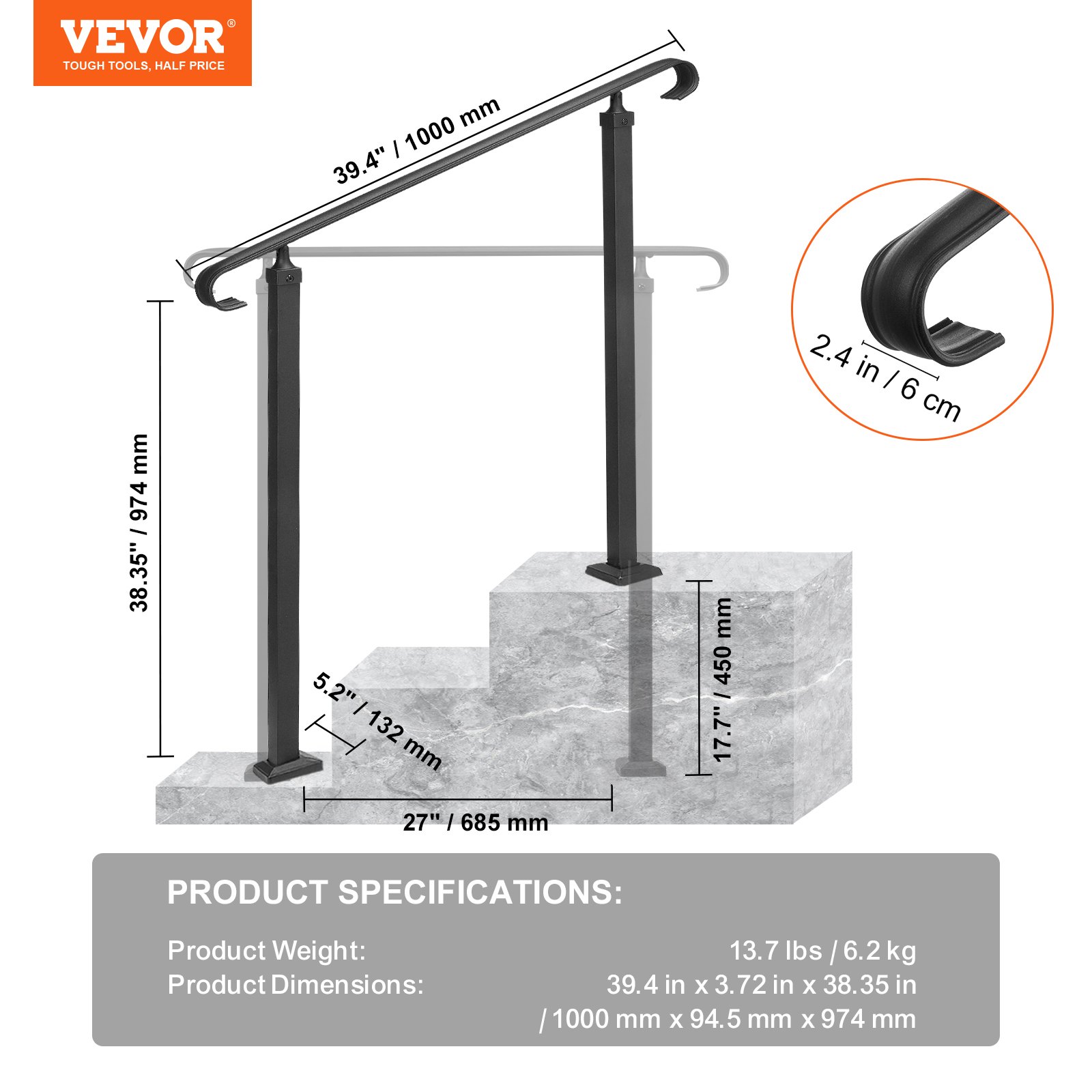 VEVOR Barandilla de Escalera Exterior 100 x 97,4 cm Barandilla de Hierro Forjado Altura y Ángulo Ajustable Pasamanos Exterior Portal para 1-3 Escalones Barandilla de Escalera Entrada Jardín, Negro