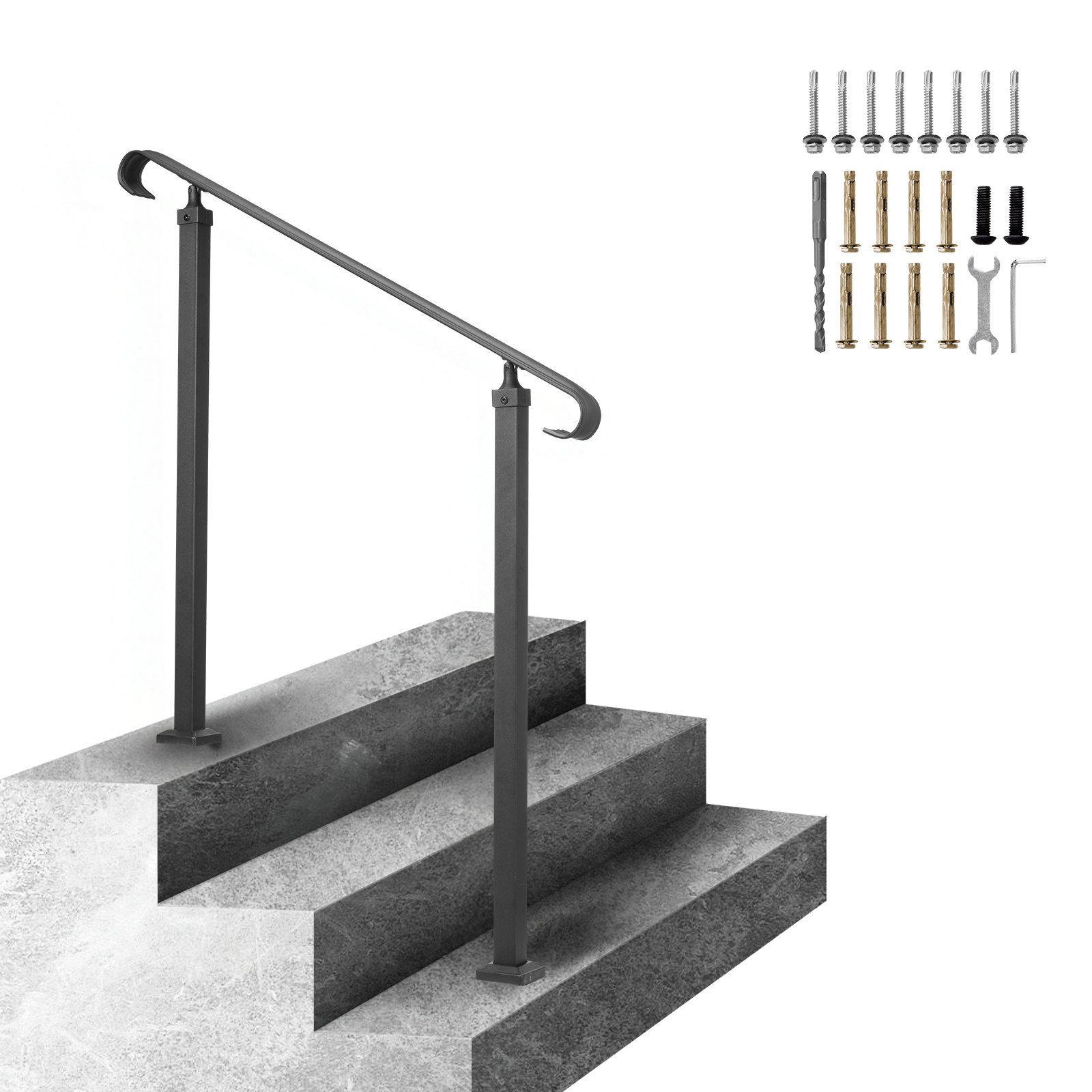 VEVOR Barandilla de Escalera Exterior 100 x 97,4 cm Barandilla de Hierro Forjado Altura y Ángulo Ajustable Pasamanos Exterior Portal para 1-3 Escalones Barandilla de Escalera Entrada Jardín, Negro