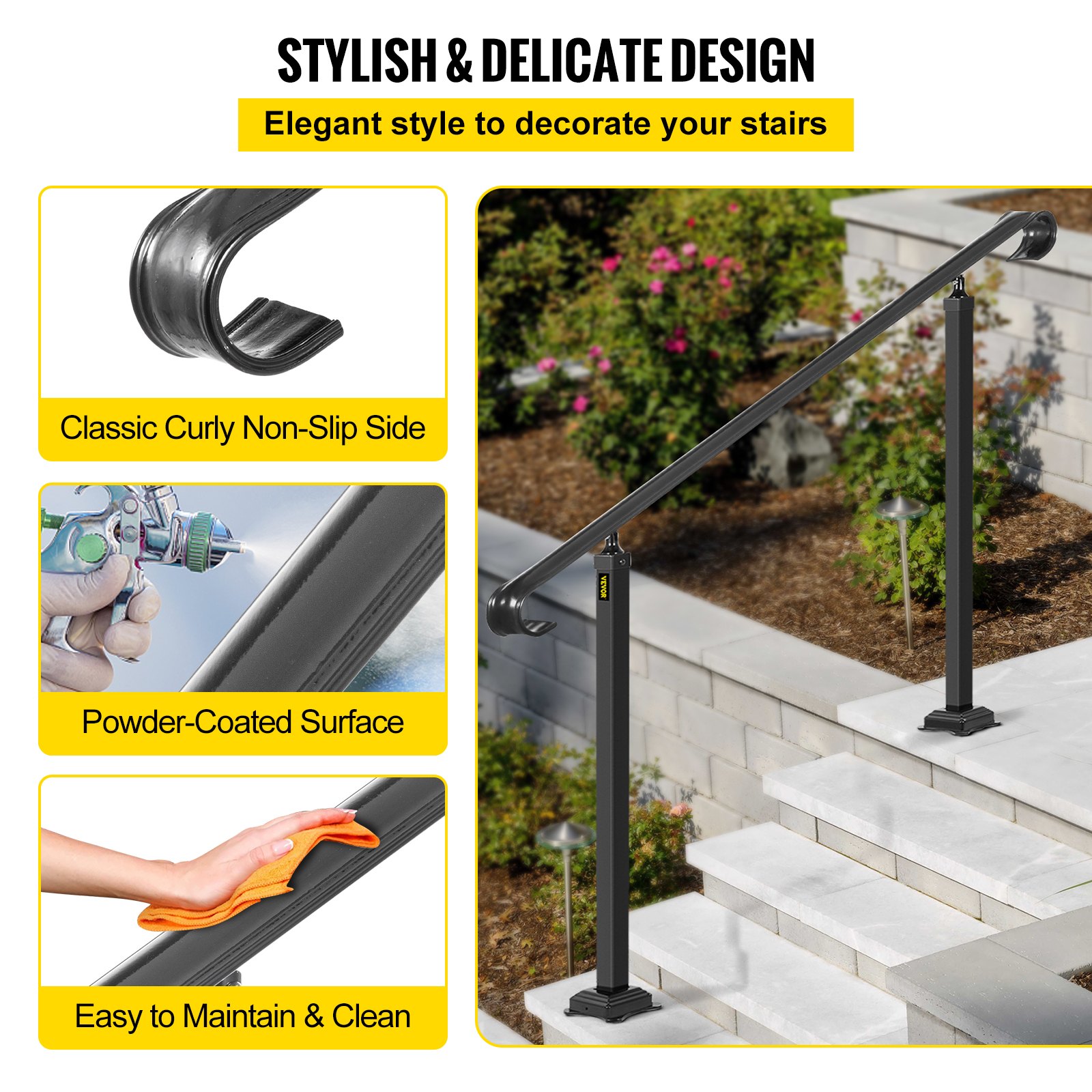 Vevor Barandilla De Escalera Hierro 2,2 M Pasamanos Exterior Para 5-7 Escalones