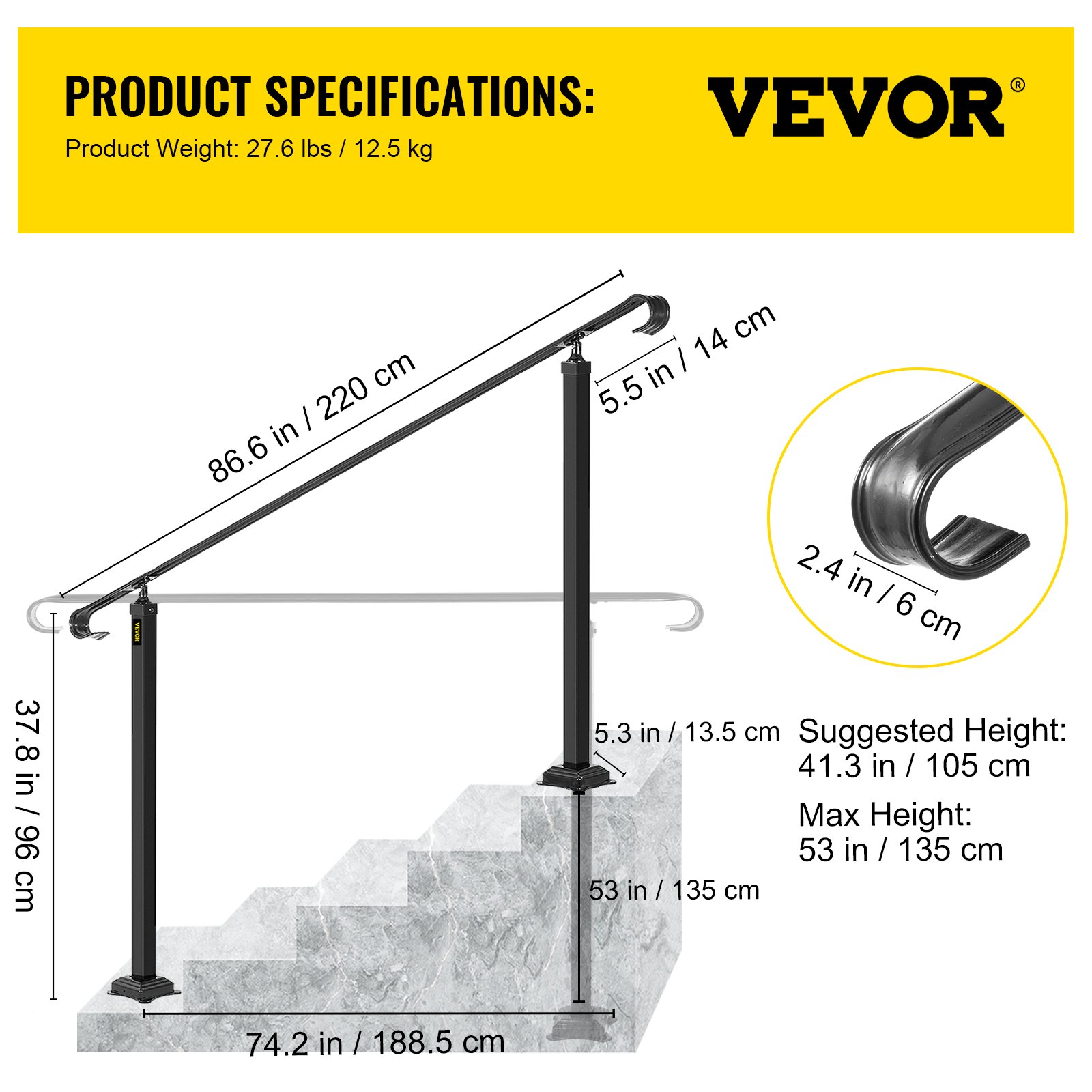 Vevor Barandilla De Escalera Hierro 2,2 M Pasamanos Exterior Para 5-7 Escalones