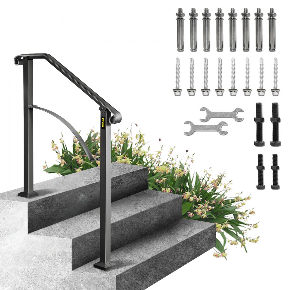 Kit de instalación de pasamanos para exterior VEVOR con herramientas y herrajes en escalones de piedra con flores.