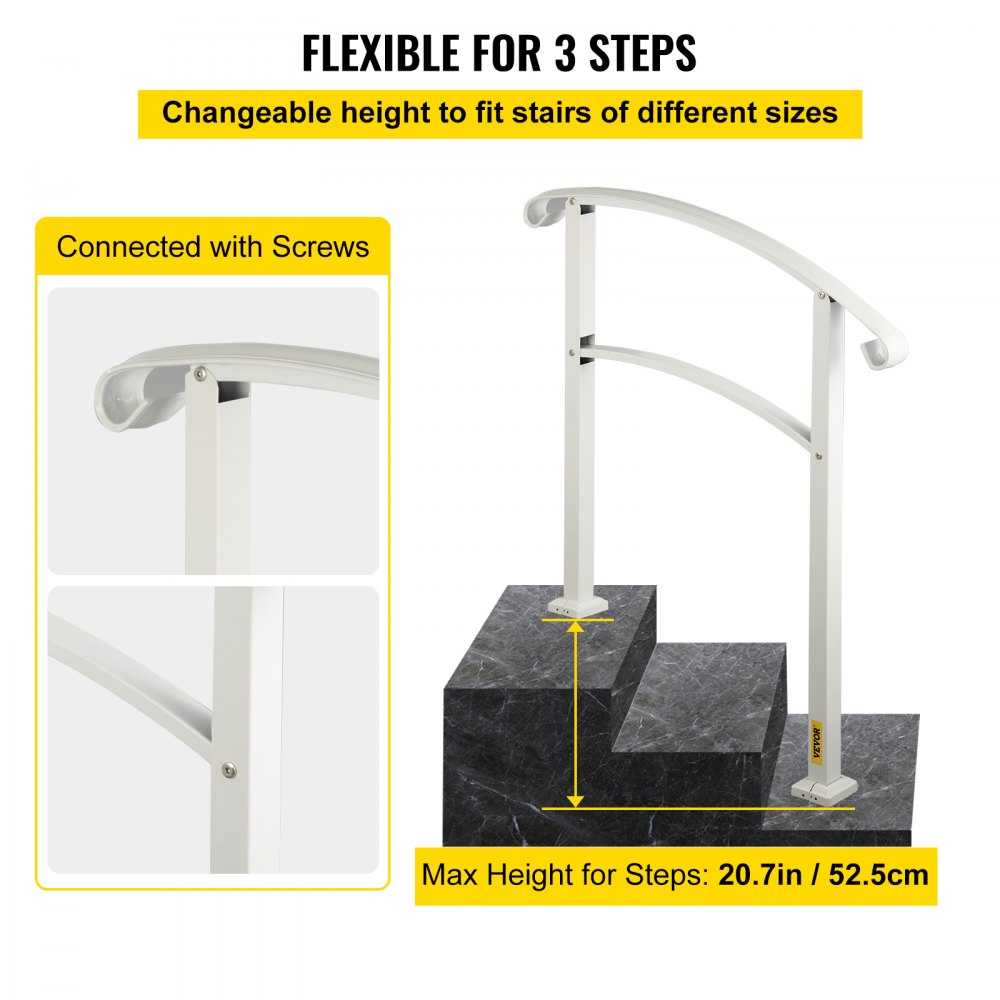 VEVOR Barandilla de Hierro 52,5 cm Pasamanos Escaleras 3 Pasos Baranda Exterior Ángulo Parapeto Blanco para Escalones de Hormigón para Balcones Jardines Edificios Hoteles Garajes