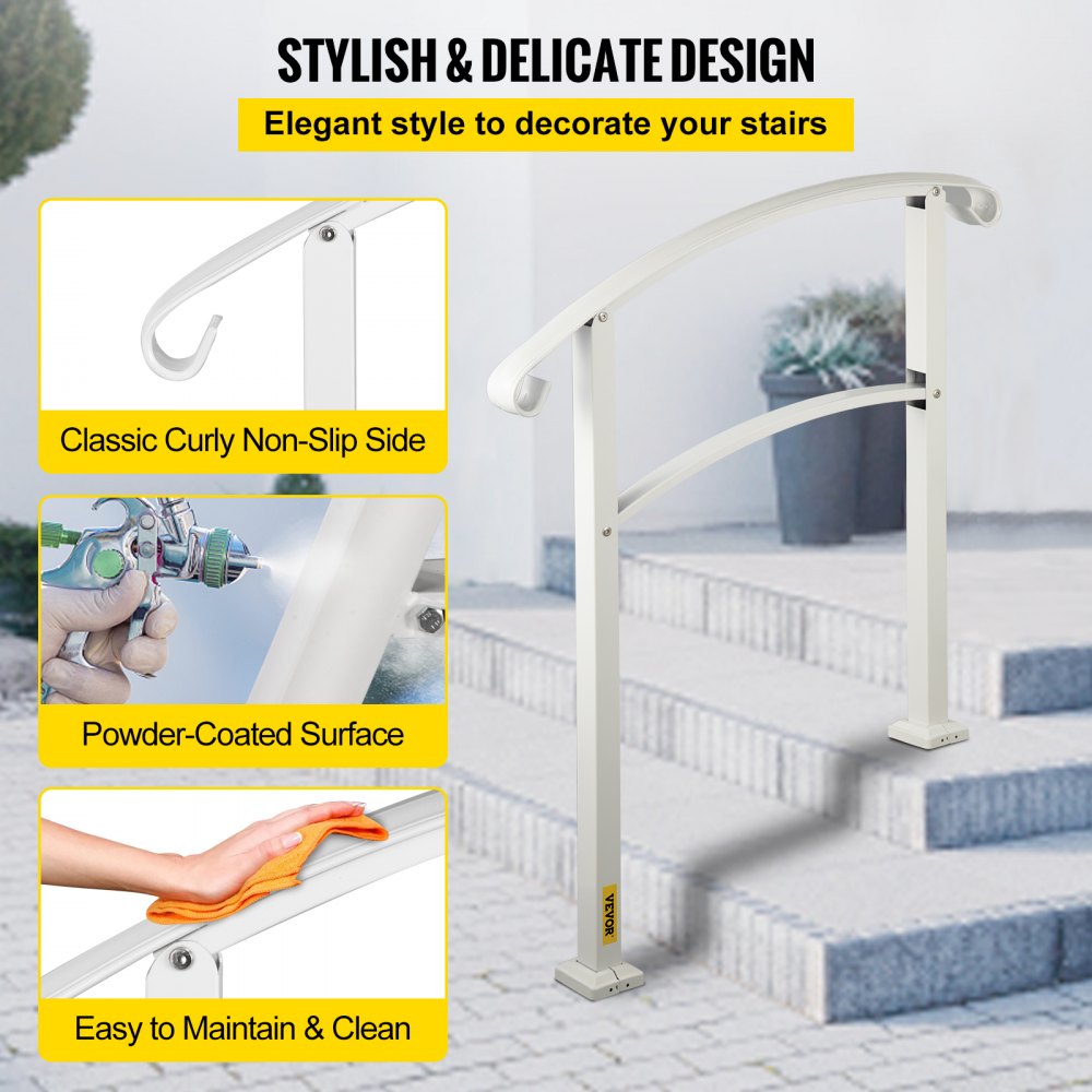 VEVOR Barandilla de Hierro 52,5 cm Pasamanos Escaleras 3 Pasos Baranda Exterior Ángulo Parapeto Blanco para Escalones de Hormigón para Balcones Jardines Edificios Hoteles Garajes