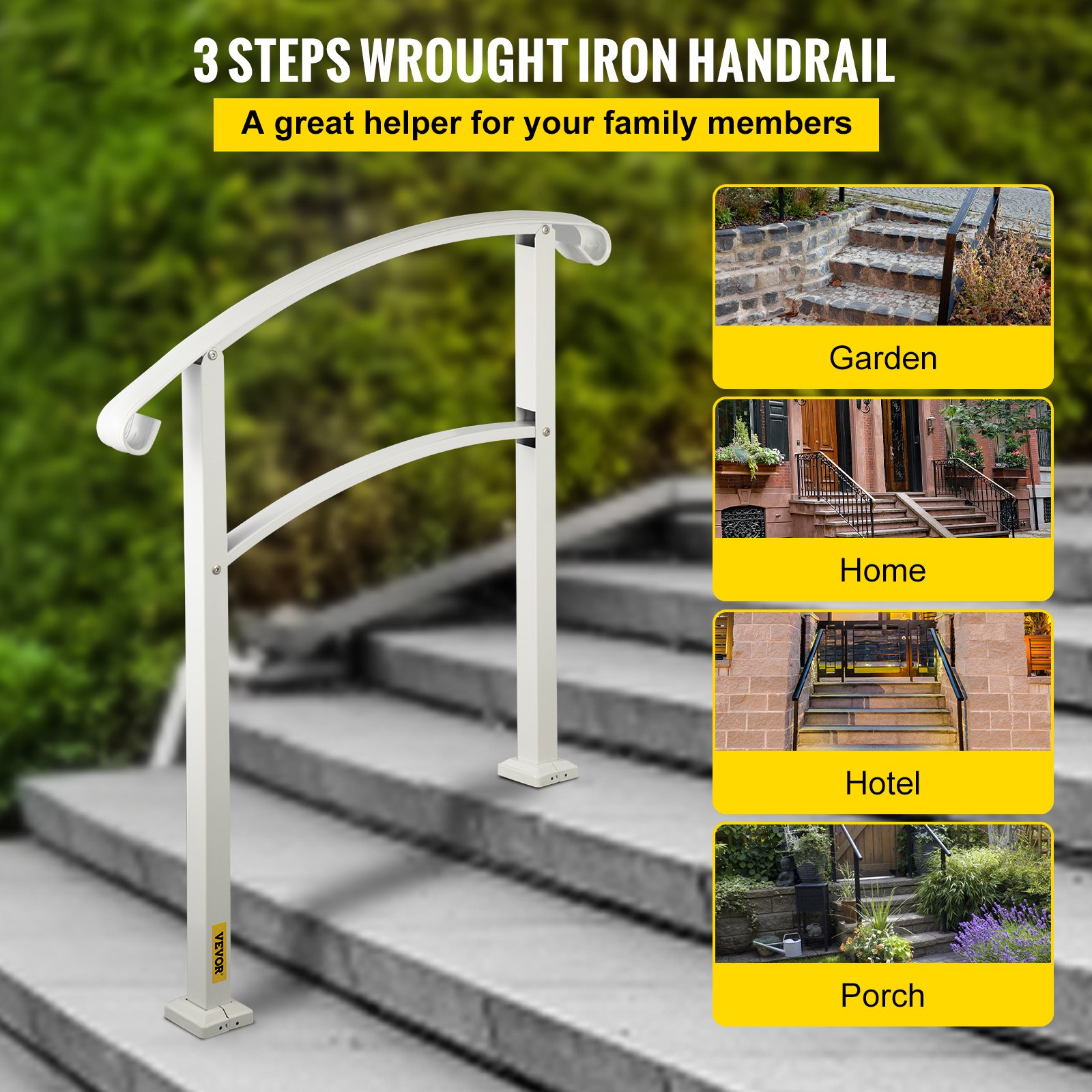 VEVOR 3-step stair railing for outdoor stairs, suitable for 1 or 3 steps, matt white, iron handrail with mounting kit, outdoor step handrails