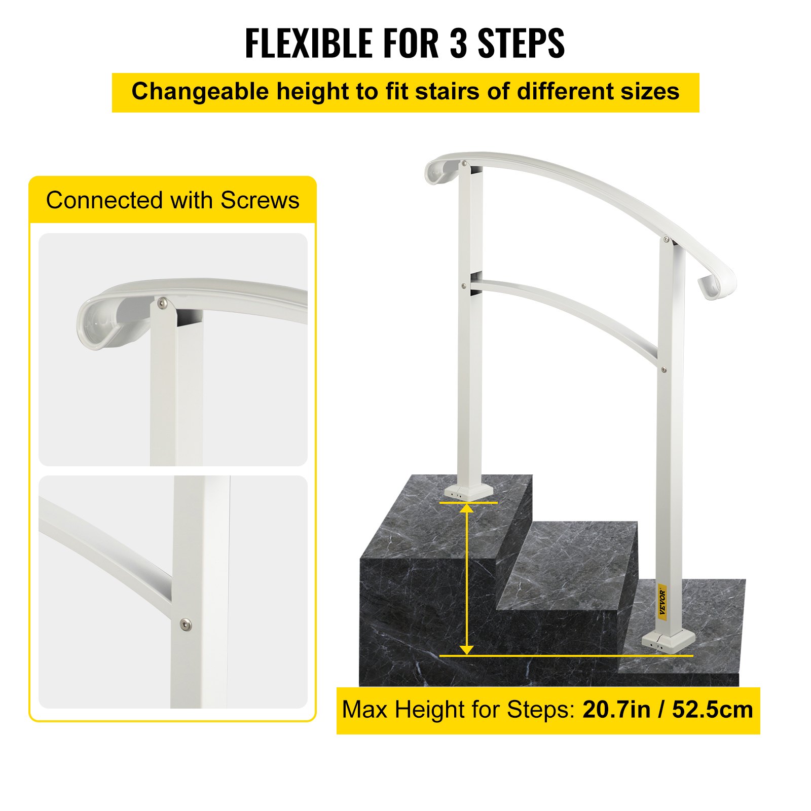 VEVOR Barandilla de Hierro 52,5 cm Pasamanos Escaleras 3 Pasos Baranda Exterior Ángulo Parapeto Blanco para Escalones de Hormigón para Balcones Jardines Edificios Hoteles Garajes