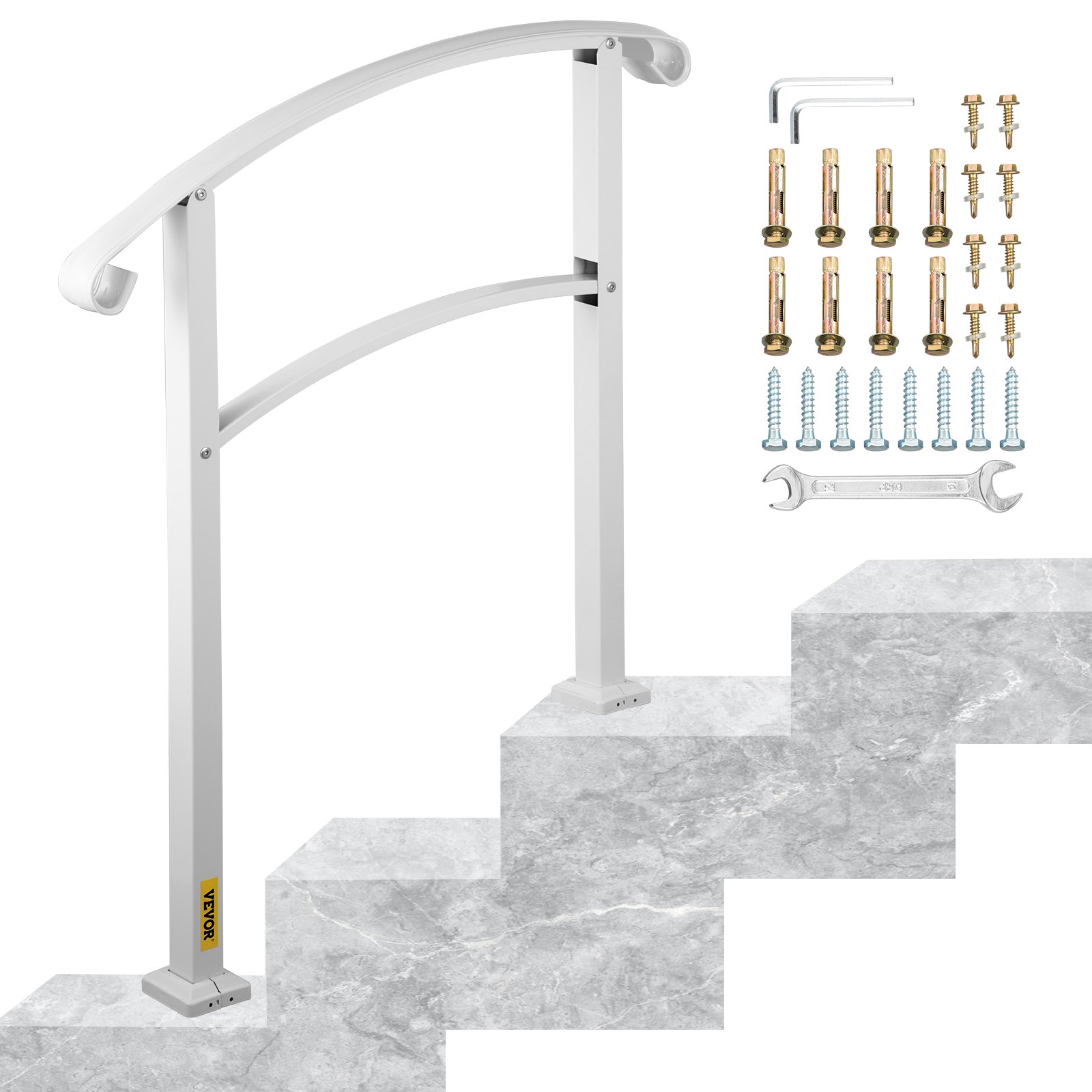 VEVOR Barandilla de Hierro 52,5 cm Pasamanos Escaleras 3 Pasos Baranda Exterior Ángulo Parapeto Blanco para Escalones de Hormigón para Balcones Jardines Edificios Hoteles Garajes