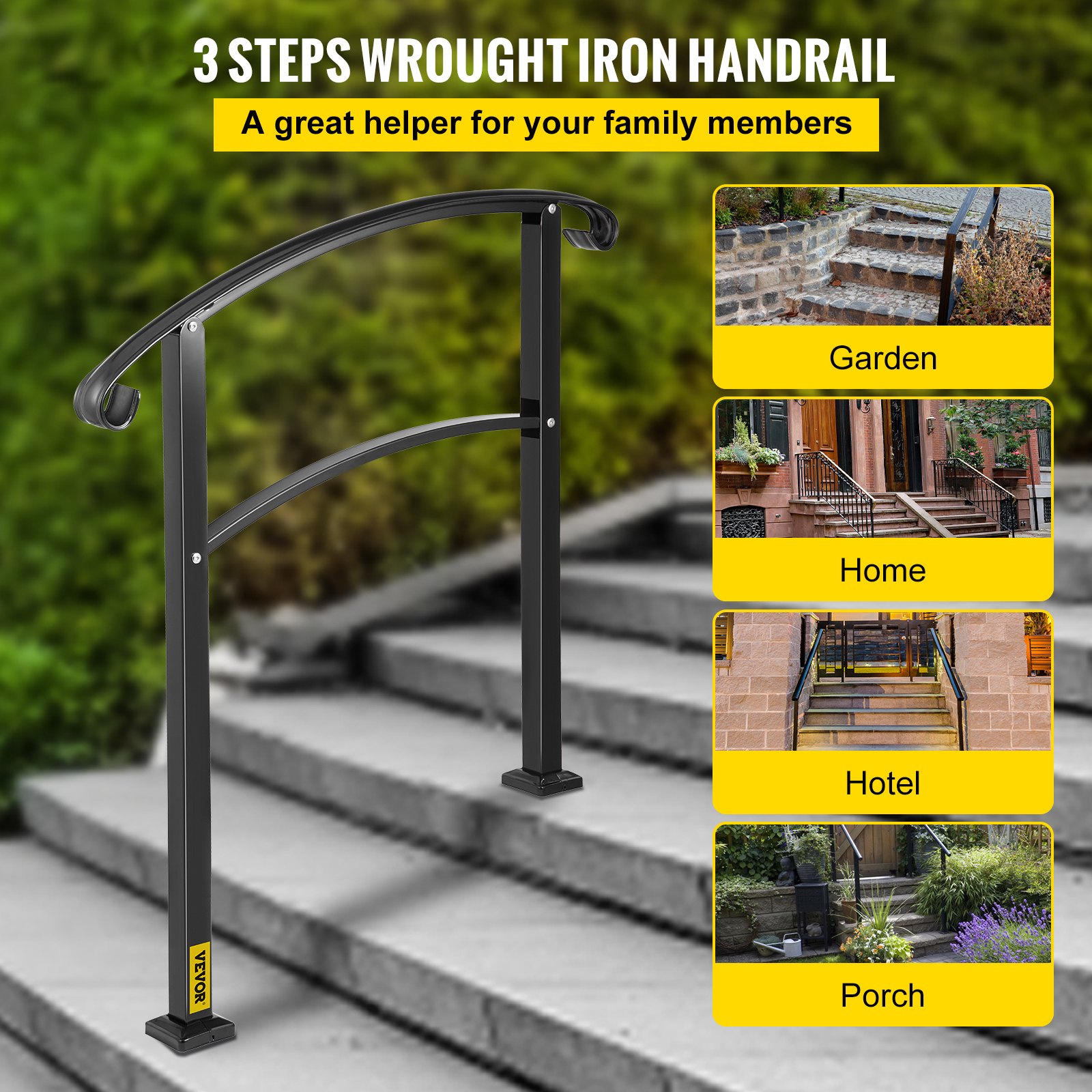 Barandilla de Hierro 52,5 cm Pasamanos Escaleras 3 Pasos Baranda Exterior Ángulo Parapeto Negro para Escalones de Hormigón Balcones Jardines Edificios Hoteles Garajes