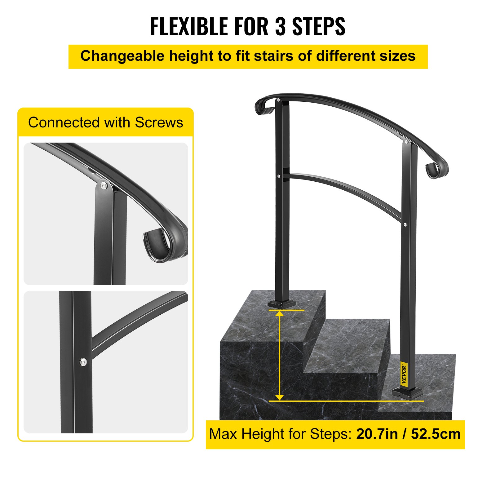 Barandilla de Hierro 52,5 cm Pasamanos Escaleras 3 Pasos Baranda Exterior Ángulo Parapeto Negro para Escalones de Hormigón Balcones Jardines Edificios Hoteles Garajes
