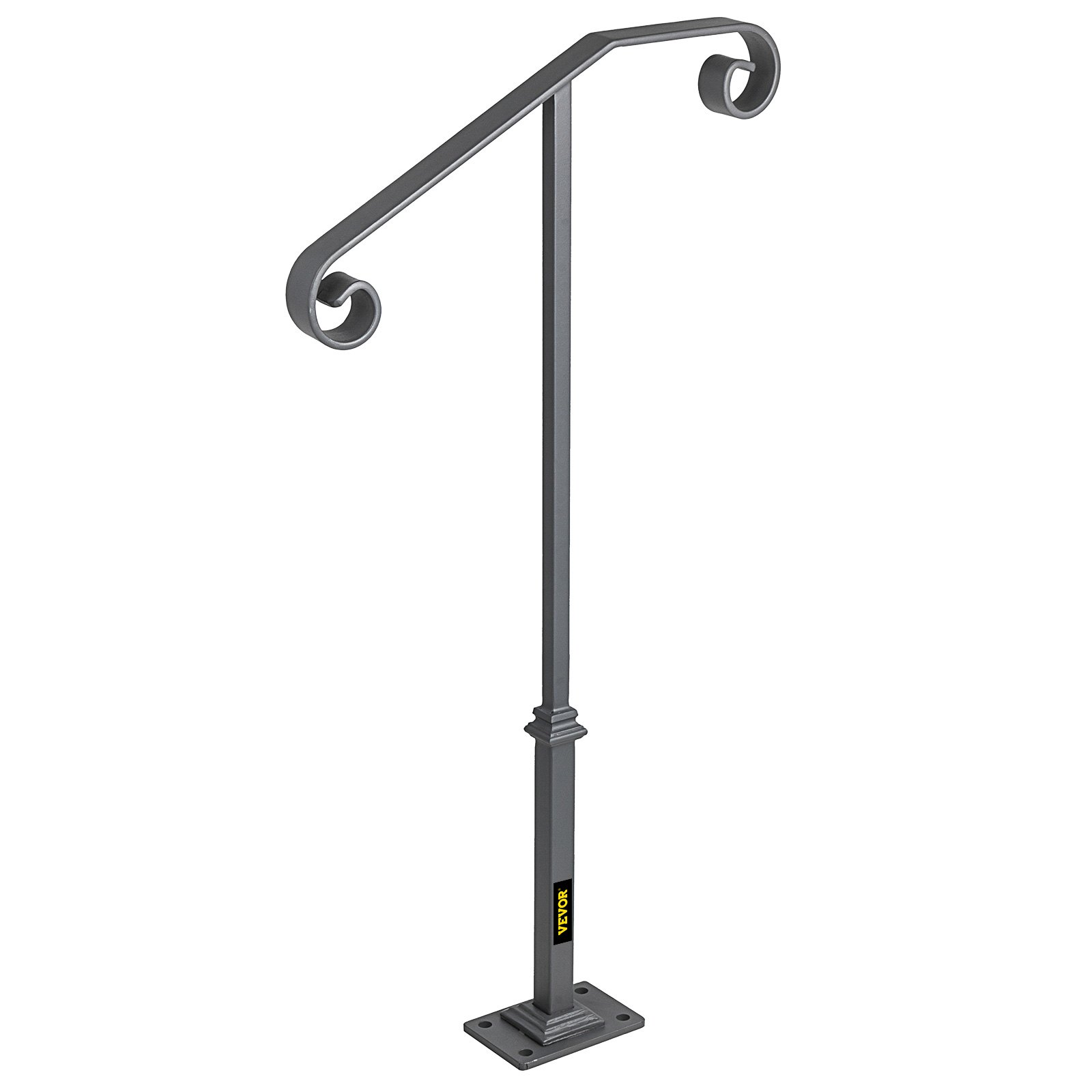 Pasamanos VEVOR gris con diseño de volutas ornamentadas y base de montaje cuadrada.