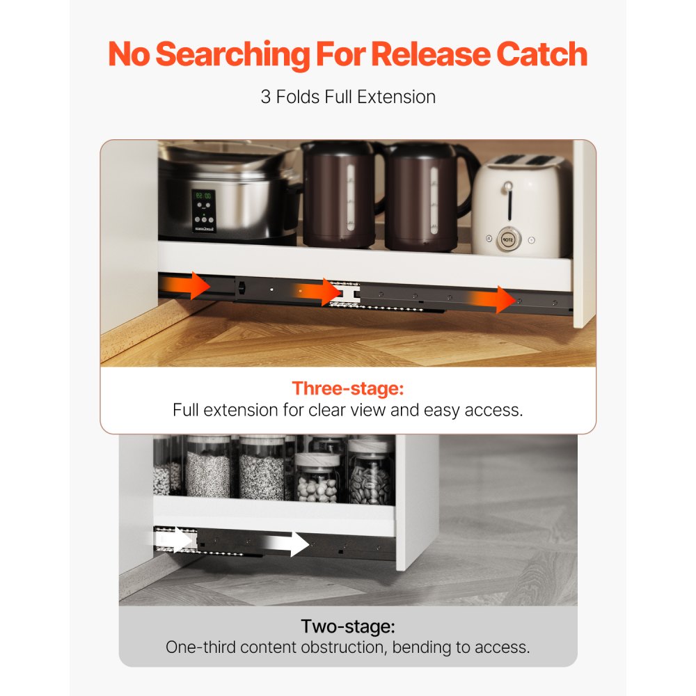 VEVOR Rieles Deslizantes para Cajones Bajo Encimera, Extensión Completa con Cojinetes de Bolas para Debajo de las Escaleras, Carga 117 kg, para Reemplazo de Bricolaje, Negro, 400 x 75 x 55 mm