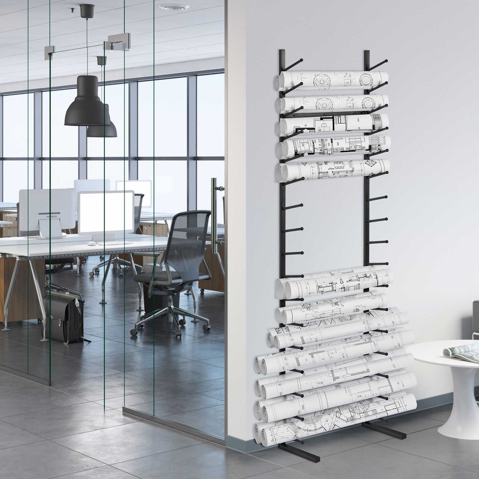 VEVOR Estante de almacenamiento de planos, estante colgante para exhibición de carteles de 16 niveles, soporte vertical para archivos en rollo de planos, 2 rollos/neumático, estante de almacenamiento de archivos en rollo para póster de mapas de planos