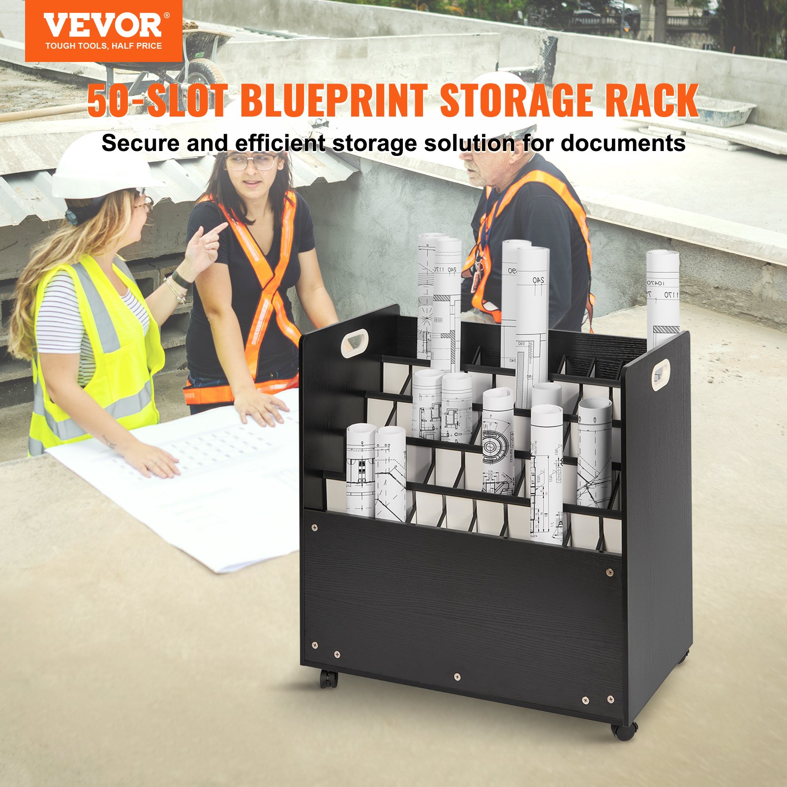VEVOR Estante de almacenamiento de planos, gabinete de almacenamiento de planos móvil de 50 ranuras, carrito organizador de archivos enrollable de madera para planos de construcción, mapas, pósteres arquitectónicos, soporte para archivos de planos para el hogar, la oficina y la escuela