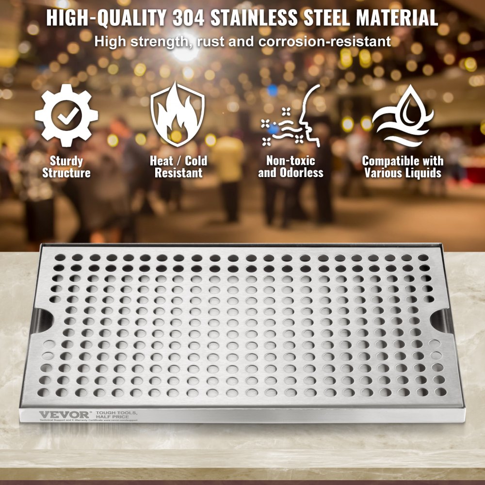 VEVOR 304 Stainless Steel Drip Tray, Beer Drip Tray with 4 Non-Slip Rubber Pads & Removable Cover, 300 x 180 x 25 mm Bar Drip Tray Suitable for Restaurants, Bars, Kitchens, Cafes, etc.