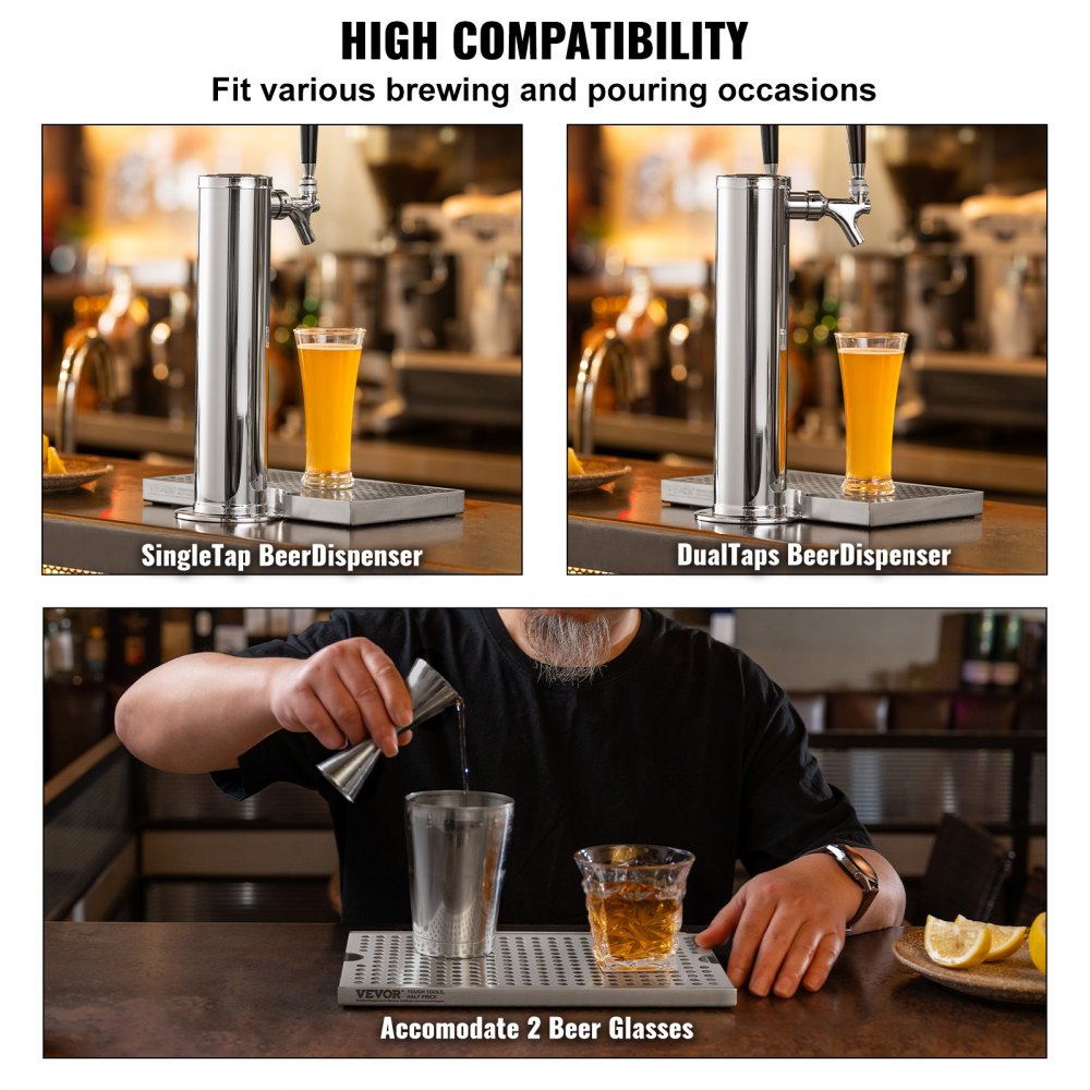 VEVOR Bandeja de Goteo de Cerveza, Bandejas de Goteo de Acero Inoxidable 304 con 4 Almohadillas de Goma Antideslizantes y Cubierta Desmontable Resistente al Calor/Frío para Bar, Restaurante, Hogar