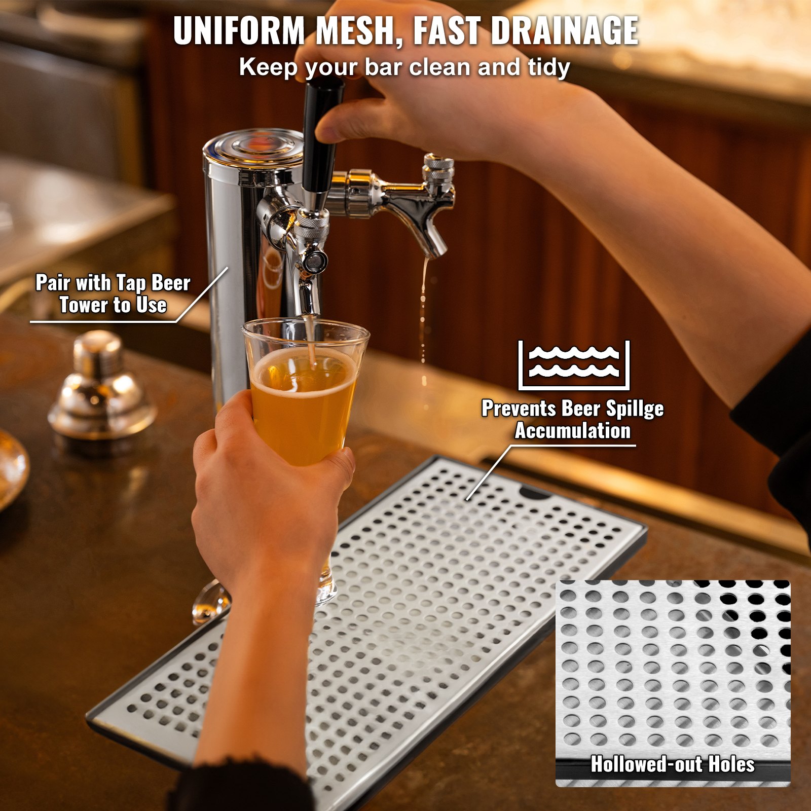 VEVOR Bandeja de Goteo de Cerveza, Bandejas de Goteo de Acero Inoxidable 304 con 4 Almohadillas de Goma Antideslizantes y Cubierta Desmontable Resistente al Calor/Frío para Bar, Restaurante, Hogar